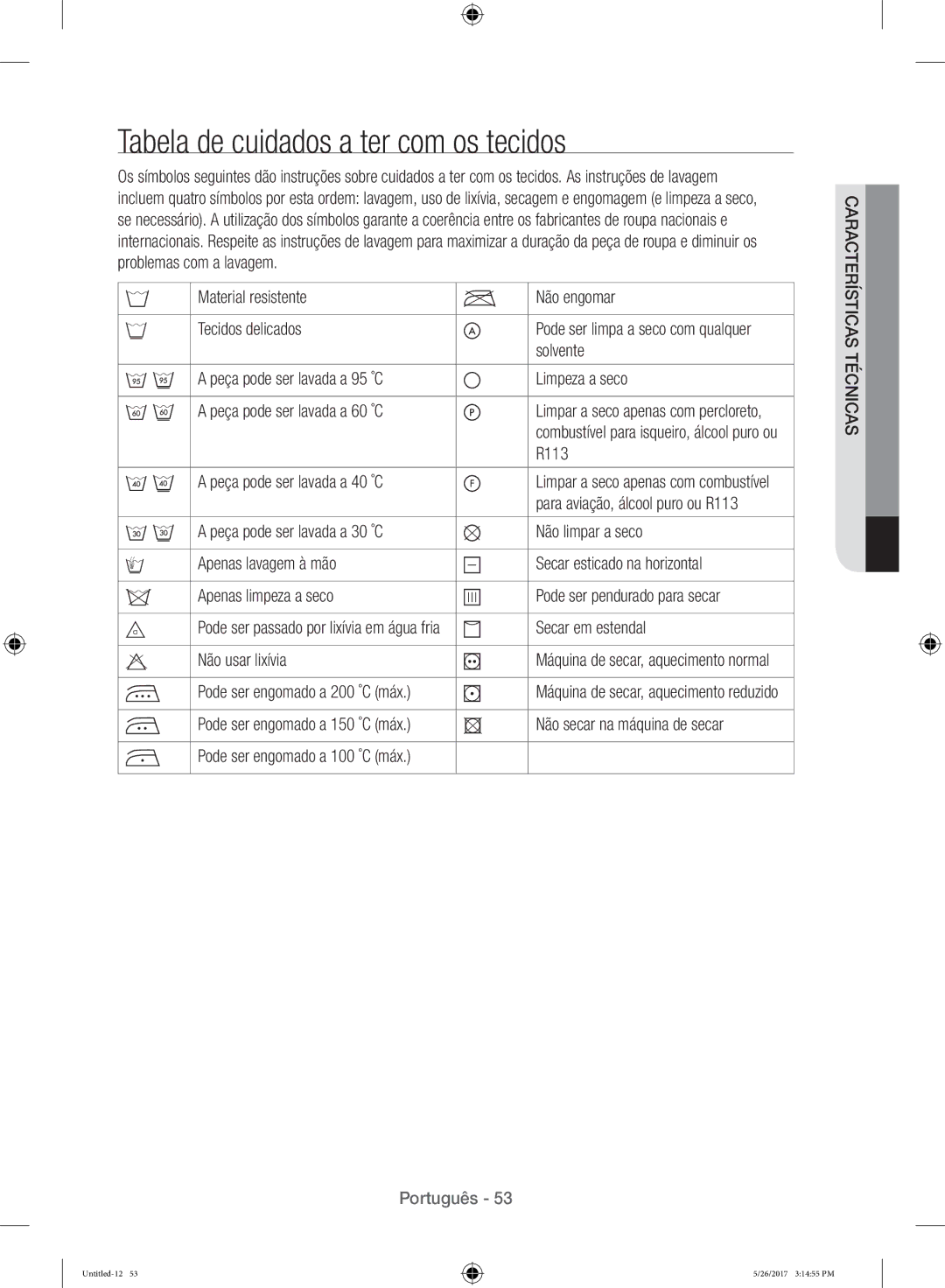 Samsung WW10H9400EW/ET manual Tabela de cuidados a ter com os tecidos 