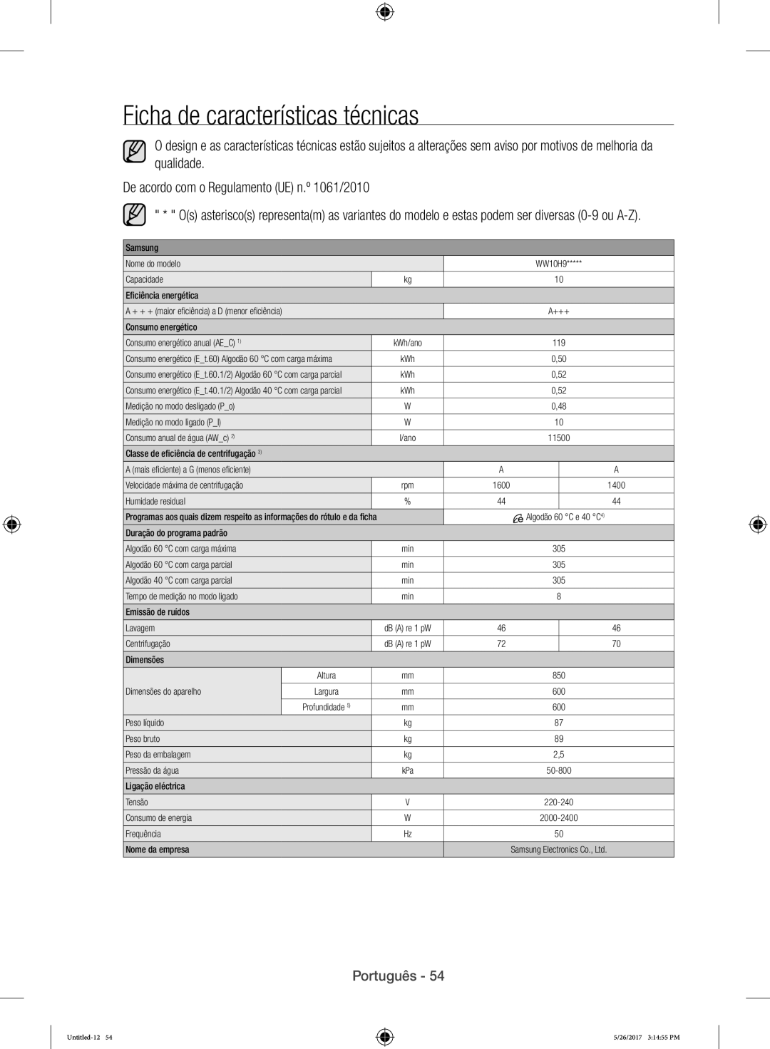 Samsung WW10H9400EW/ET manual Ficha de características técnicas, Consumo energético anual AEC KWh/ano 119 