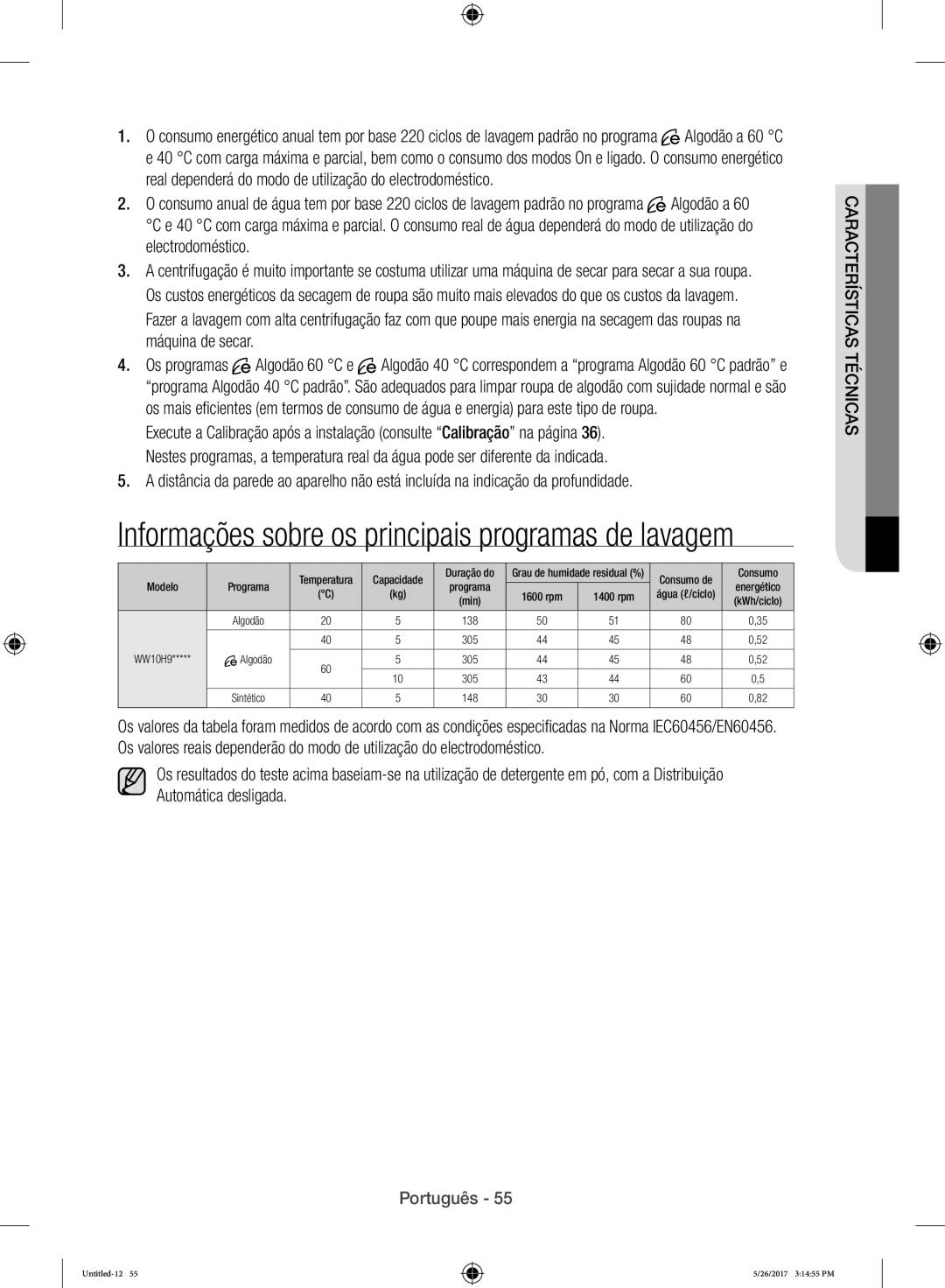 Samsung WW10H9400EW/ET manual Informações sobre os principais programas de lavagem 