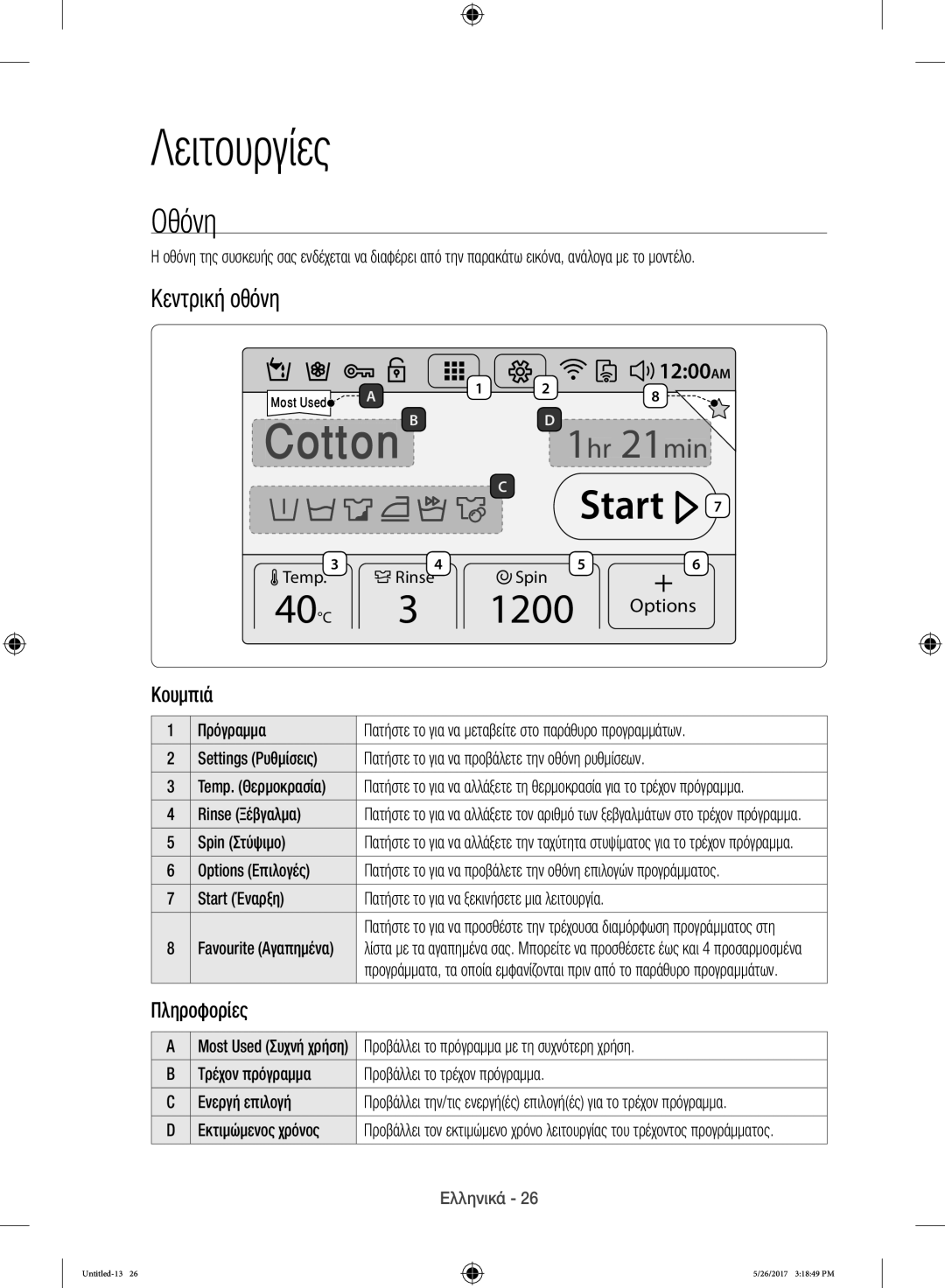 Samsung WW10H9400EW/ET manual Λειτουργίες, Οθόνη, Κεντρική οθόνη, Κουμπιά, Πληροφορίες 