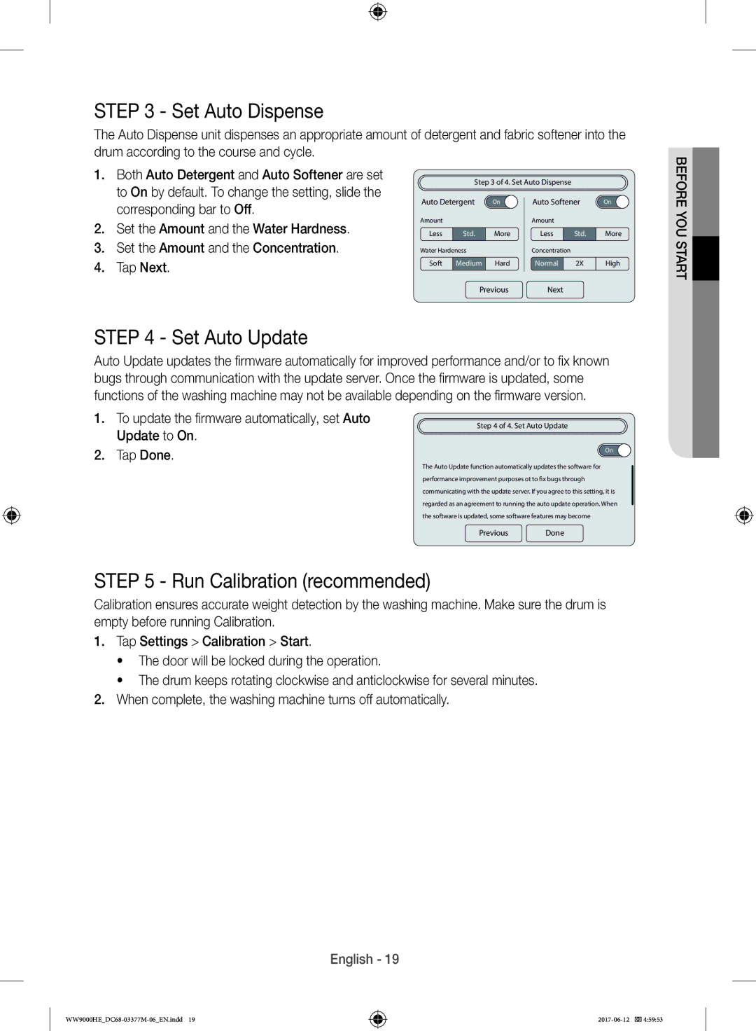 Samsung WW90H9410EW/YL, WW10H9410EX/GU manual Set Auto Dispense, Set Auto Update, Run Calibration recommended 