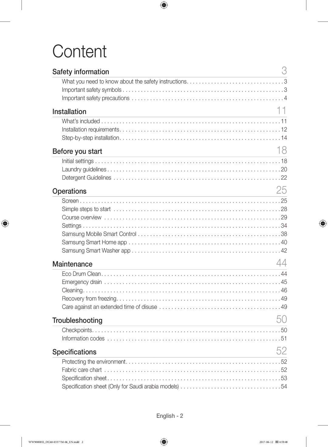 Samsung WW10H9410EX/GU manual Safety information, Installation, Before you start, Operations, Maintenance, Troubleshooting 