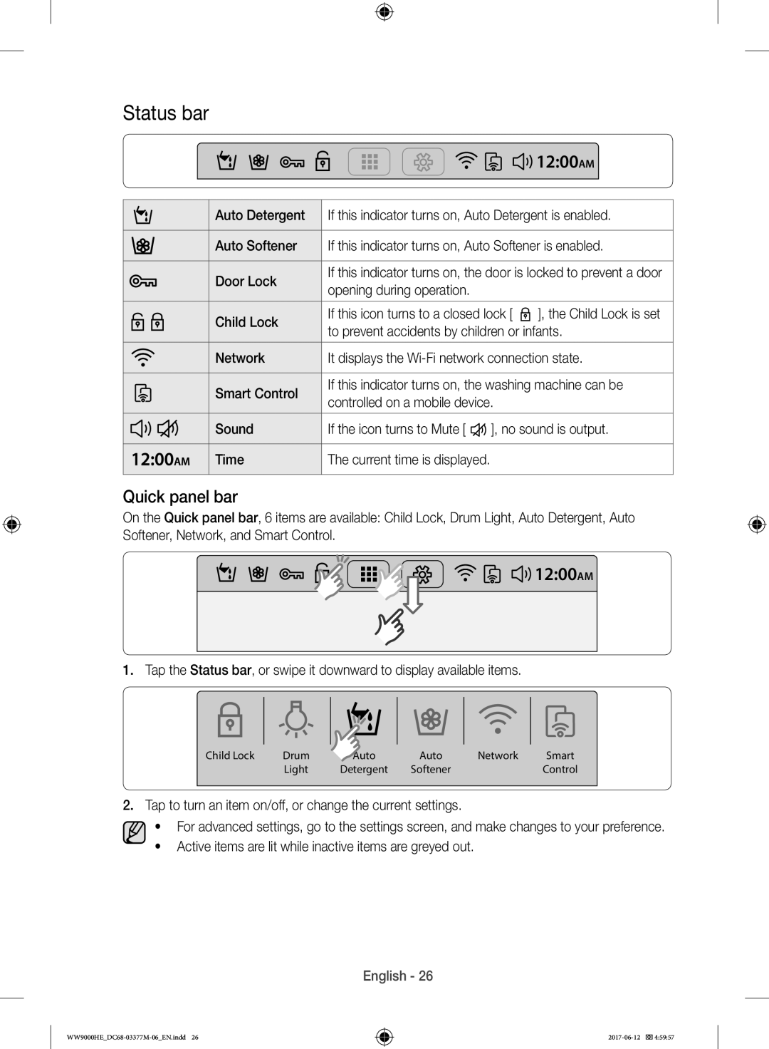 Samsung WW10H9410EX/GU, WW90H9410EW/YL manual Status bar, 1200AM, Quick panel bar 