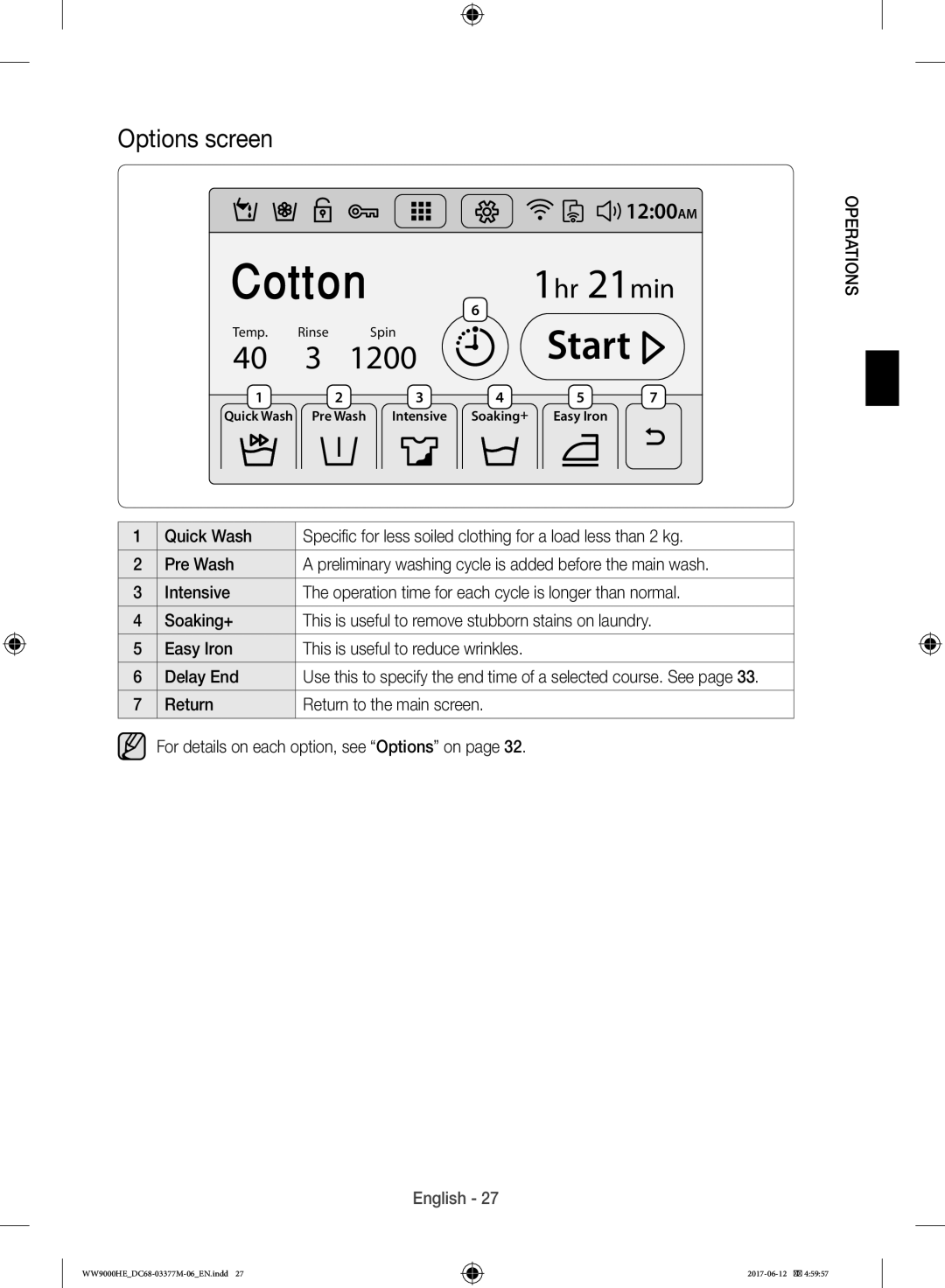 Samsung WW90H9410EW/YL, WW10H9410EX/GU manual 1200, Options screen 