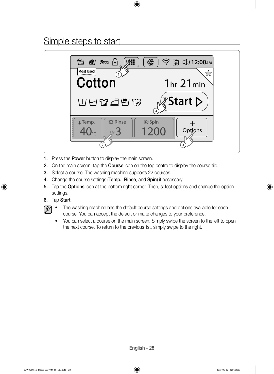 Samsung WW10H9410EX/GU, WW90H9410EW/YL manual Cotton, Simple steps to start 