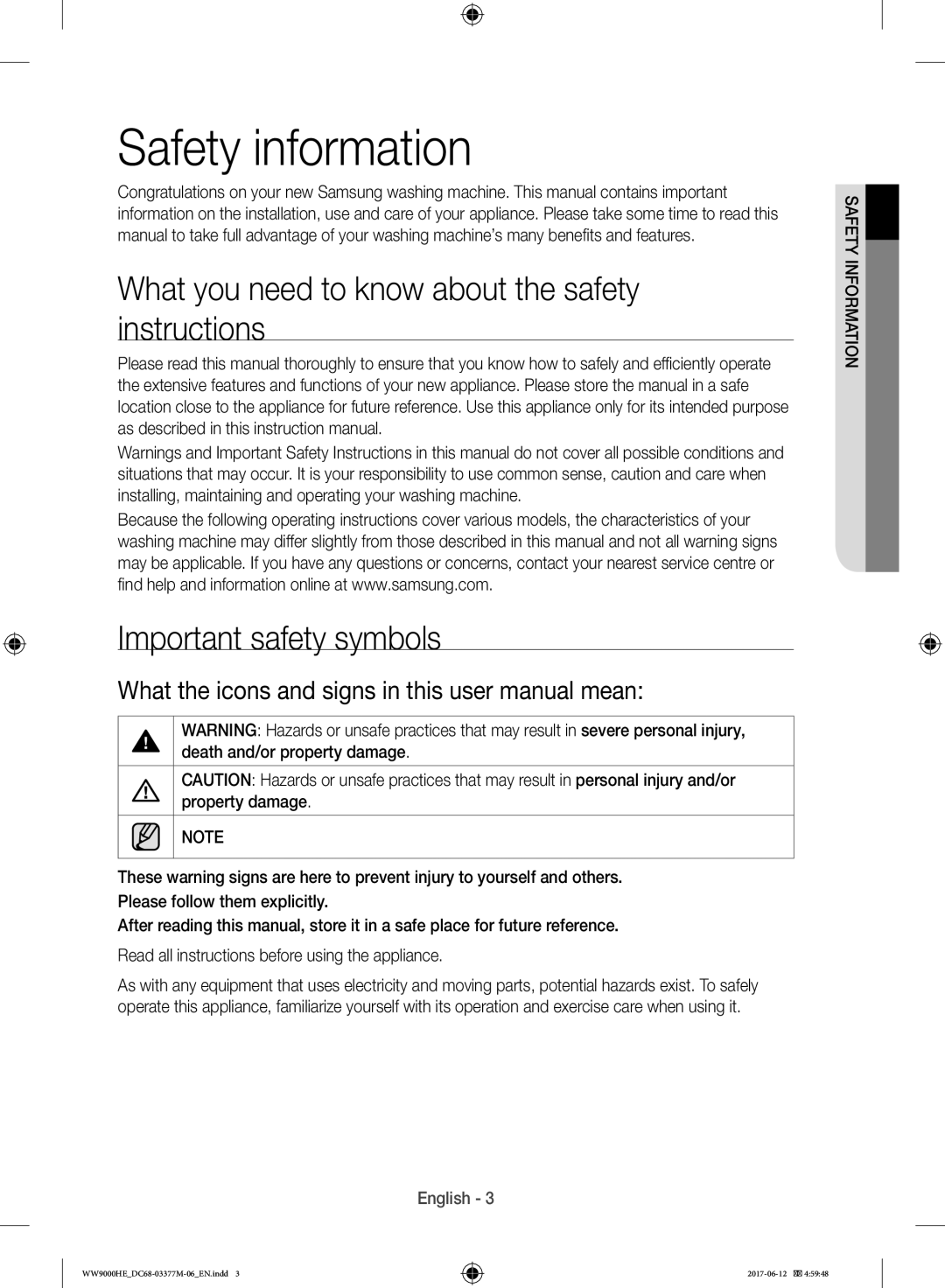 Samsung WW90H9410EW/YL, WW10H9410EX/GU manual Safety information 