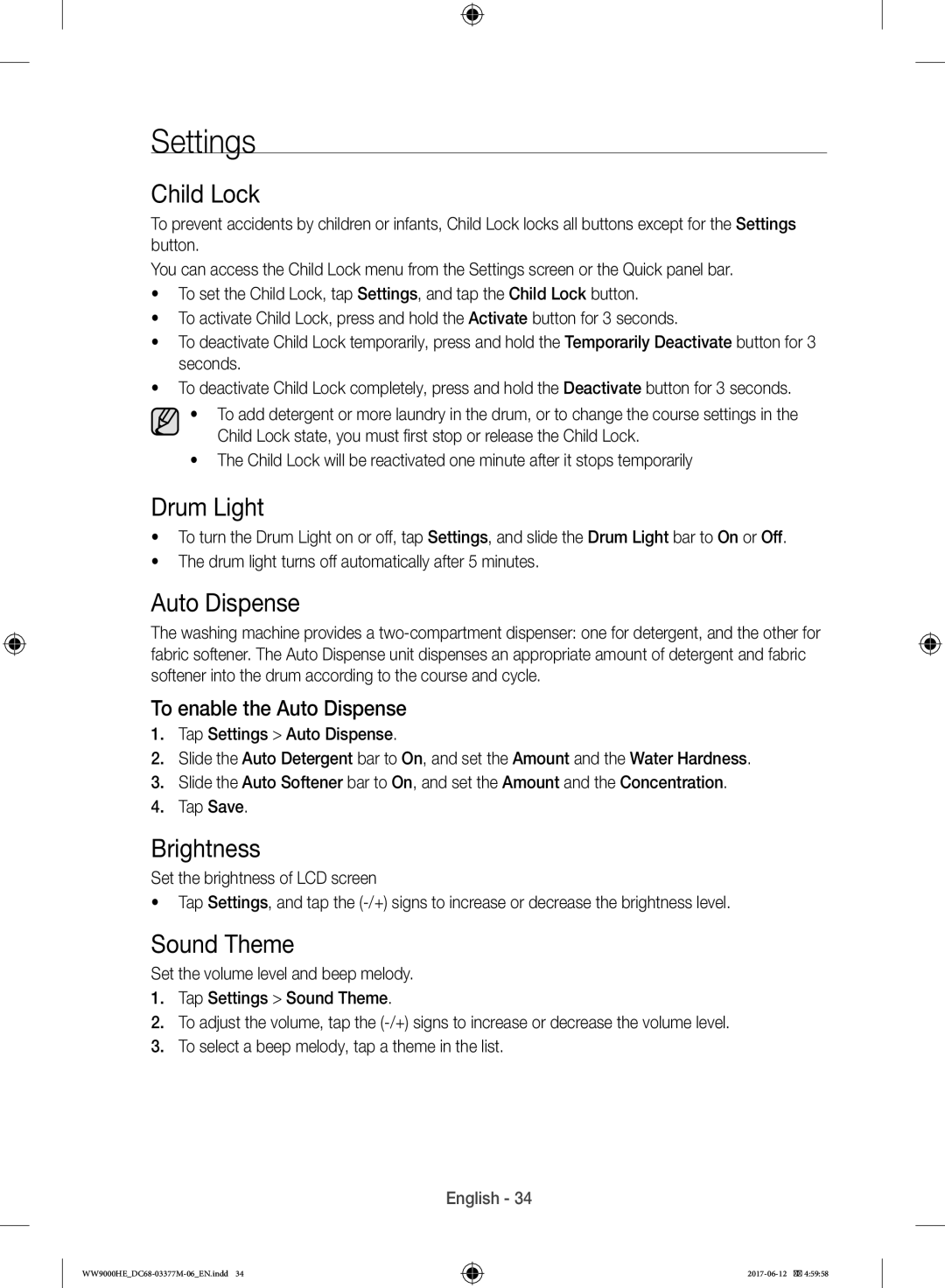 Samsung WW10H9410EX/GU, WW90H9410EW/YL manual Settings, Child Lock, Drum Light, Brightness, Sound Theme 