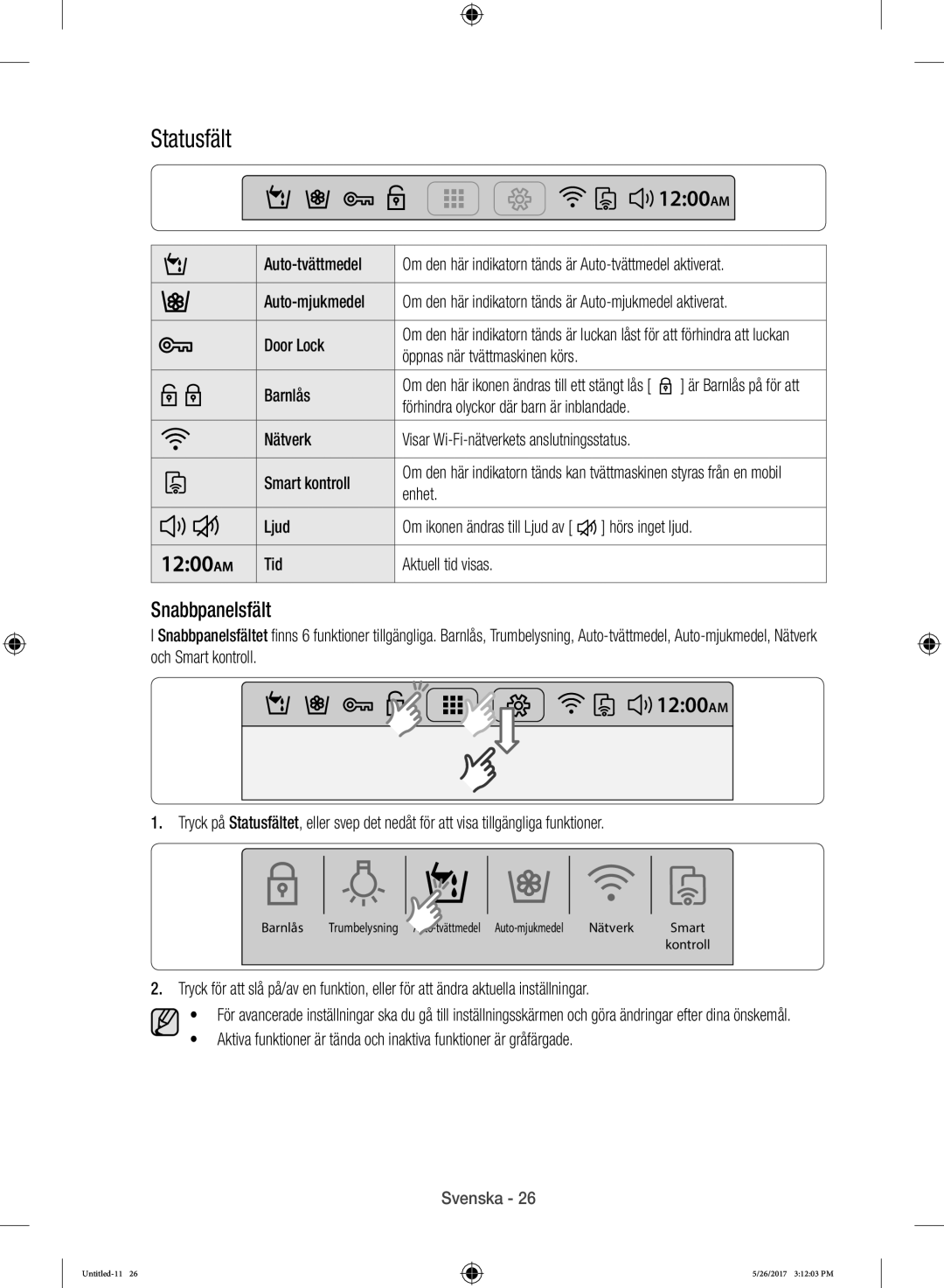 Samsung WW10H9600EW/EG manual Statusfält, Snabbpanelsfält 