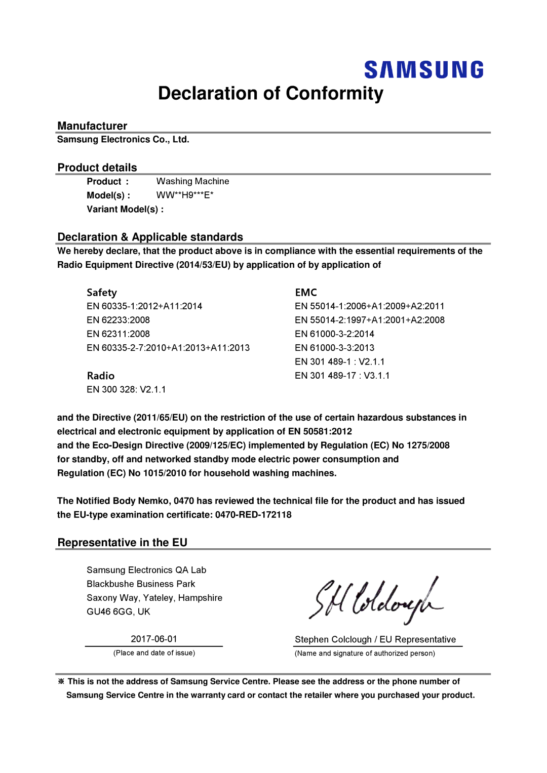 Samsung WW10H9600EW/WS manual Declaration of Conformity, Manufacturer Product details, Declaration & Applicable standards 