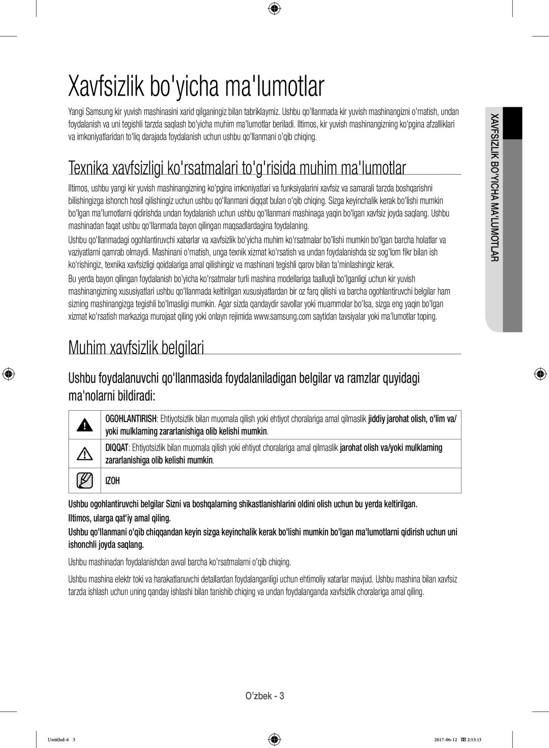 Samsung WW10H9600EW/LP manual Xavfsizlik boyicha malumotlar, Muhim xavfsizlik belgilari, Izoh 