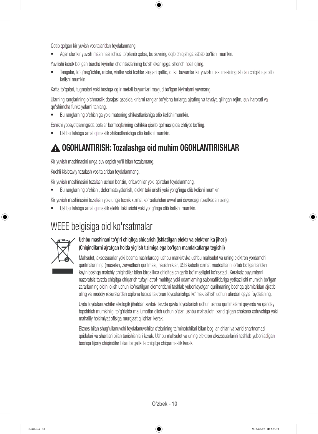 Samsung WW10H9600EW/LP manual Weee belgisiga oid korsatmalar, Ogohlantirish Tozalashga oid muhim Ogohlantirishlar 