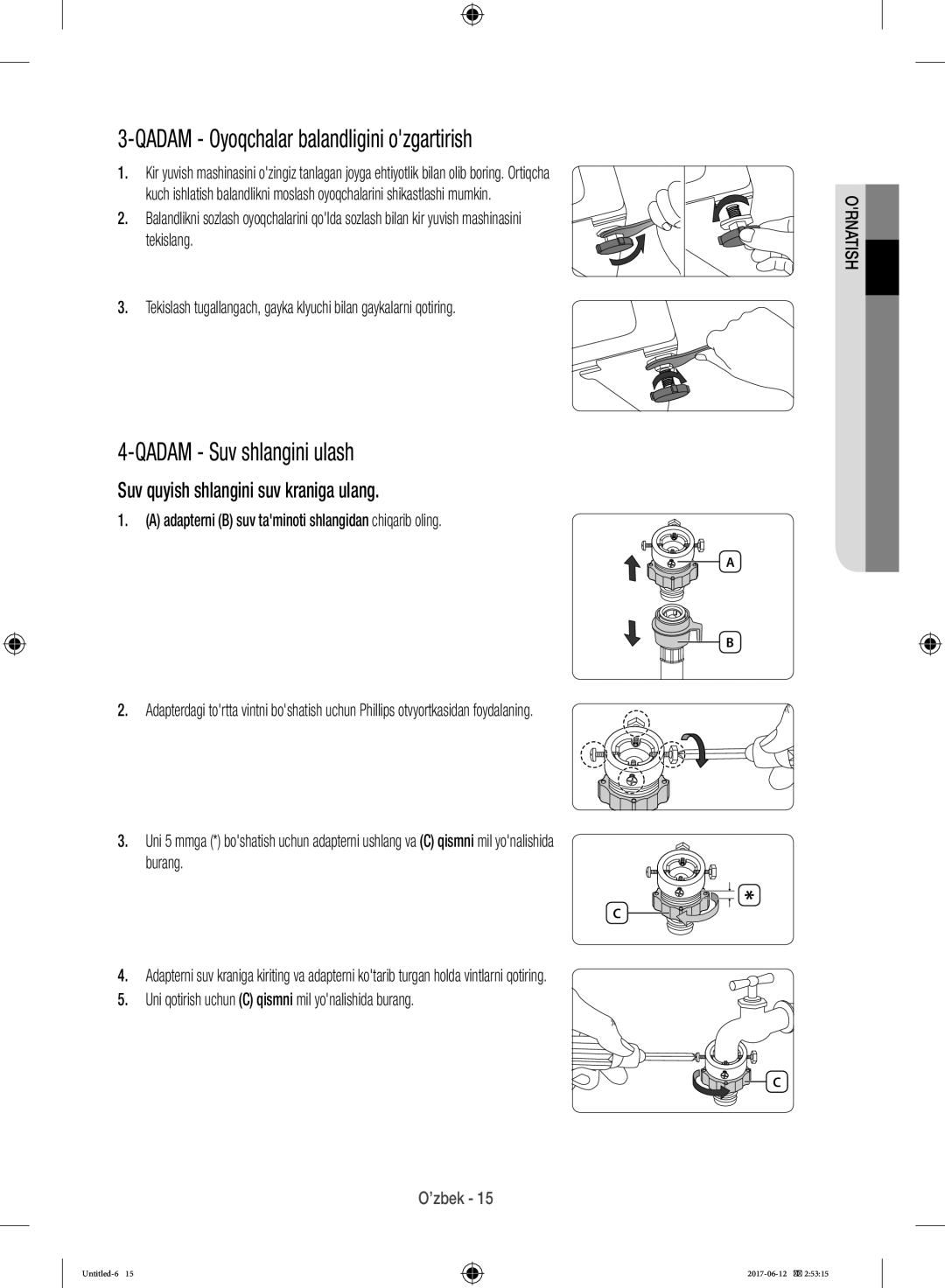 Samsung WW10H9600EW/LP manual Qadam Oyoqchalar balandligini ozgartirish, Qadam Suv shlangini ulash 