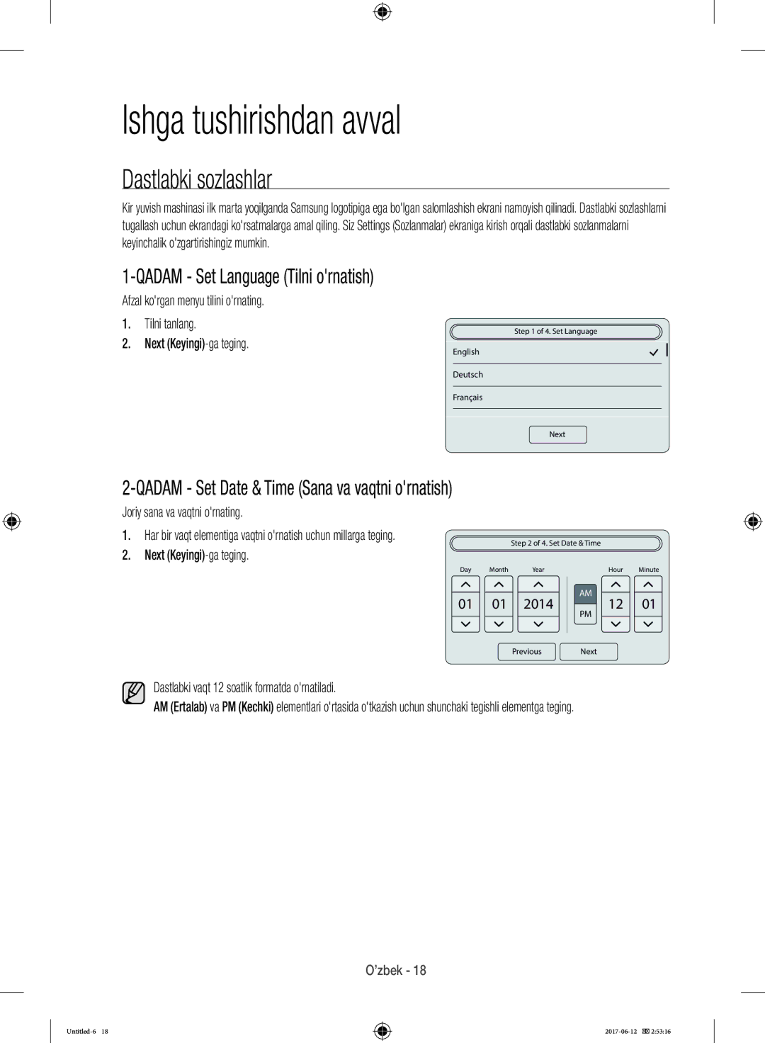 Samsung WW10H9600EW/LP manual Ishga tushirishdan avval, Dastlabki sozlashlar, Qadam Set Language Tilni ornatish 