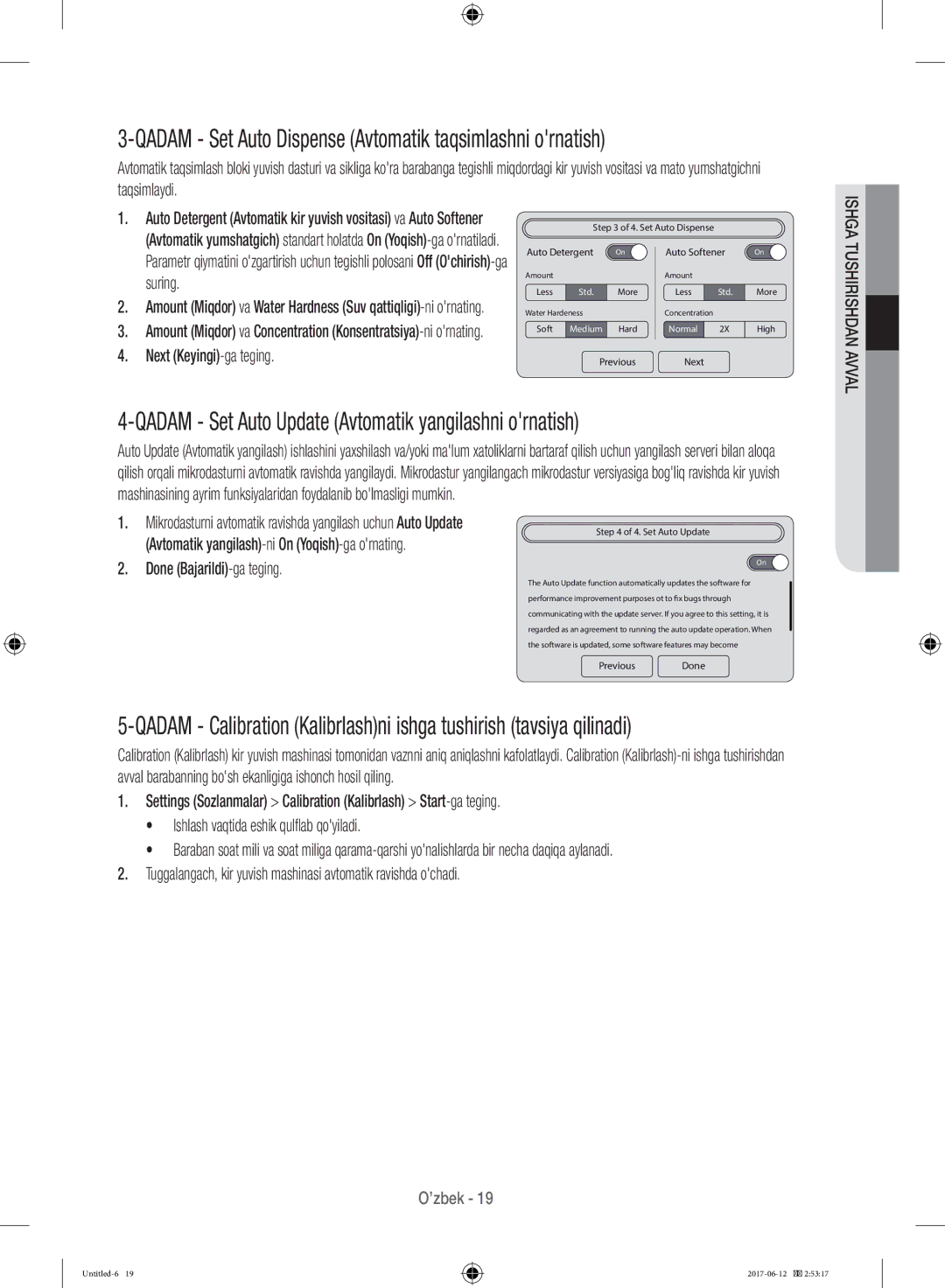 Samsung WW10H9600EW/LP manual Qadam Set Auto Dispense Avtomatik taqsimlashni ornatish, Done Bajarildi-ga teging 