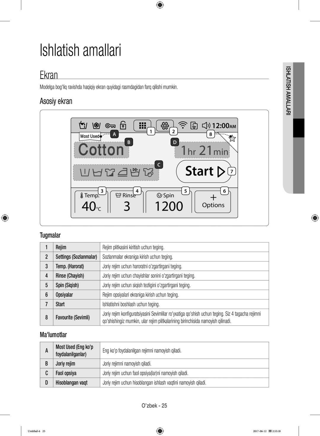 Samsung WW10H9600EW/LP manual Ishlatish amallari, Ekran, Asosiy ekran, Tugmalar, Malumotlar 