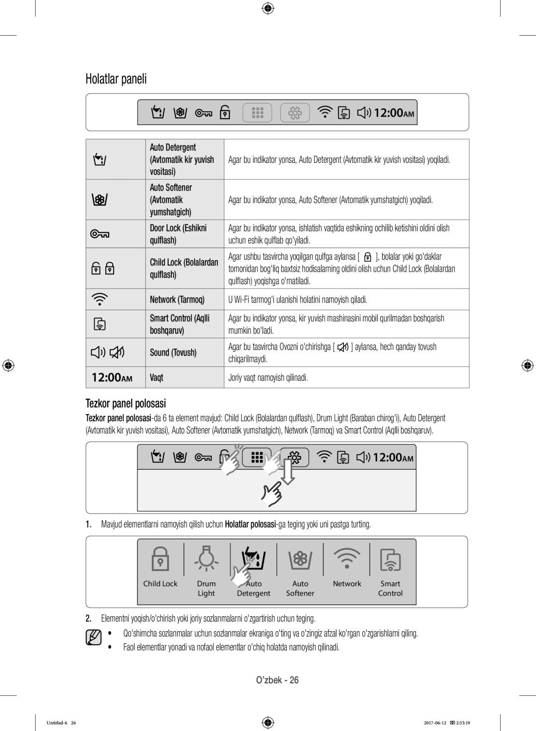 Samsung WW10H9600EW/LP manual Holatlar paneli, Tezkor panel polosasi 