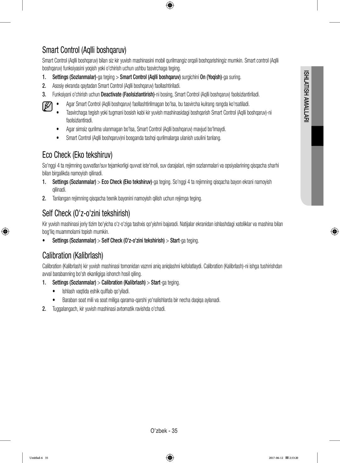 Samsung WW10H9600EW/LP manual Smart Control Aqlli boshqaruv, Eco Check Eko tekshiruv, Self Check Oz-ozini tekshirish 