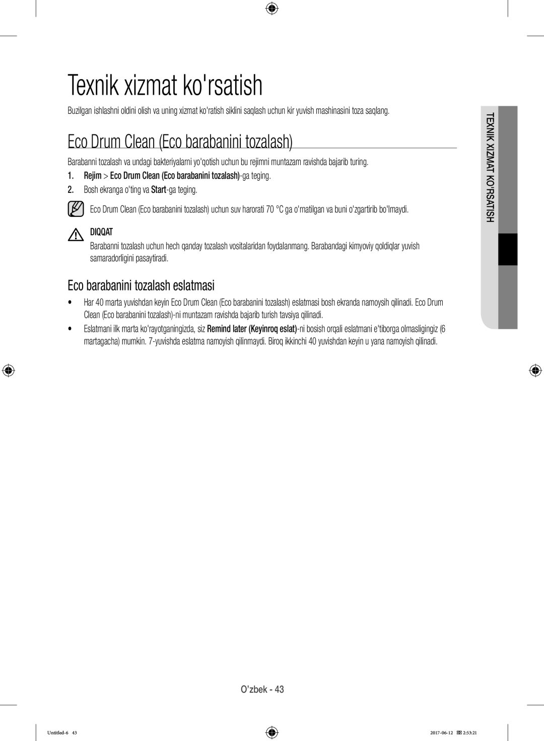 Samsung WW10H9600EW/LP Texnik xizmat korsatish, Eco Drum Clean Eco barabanini tozalash, Eco barabanini tozalash eslatmasi 
