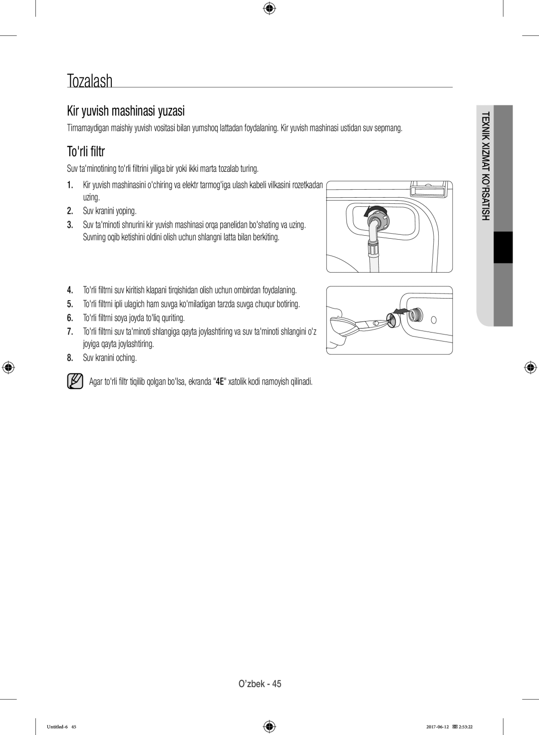 Samsung WW10H9600EW/LP manual Tozalash, Kir yuvish mashinasi yuzasi, Torli filtr 