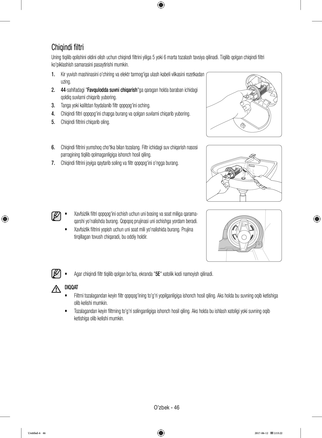 Samsung WW10H9600EW/LP manual Chiqindi filtri, Diqqat 