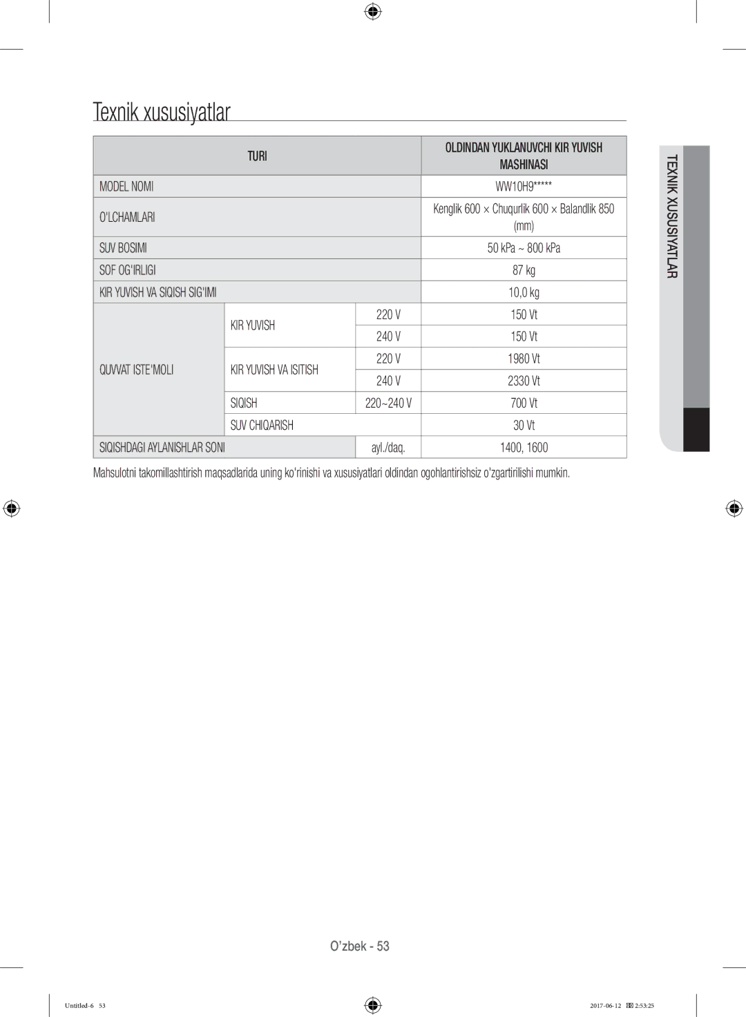 Samsung WW10H9600EW/LP manual Texnik xususiyatlar 