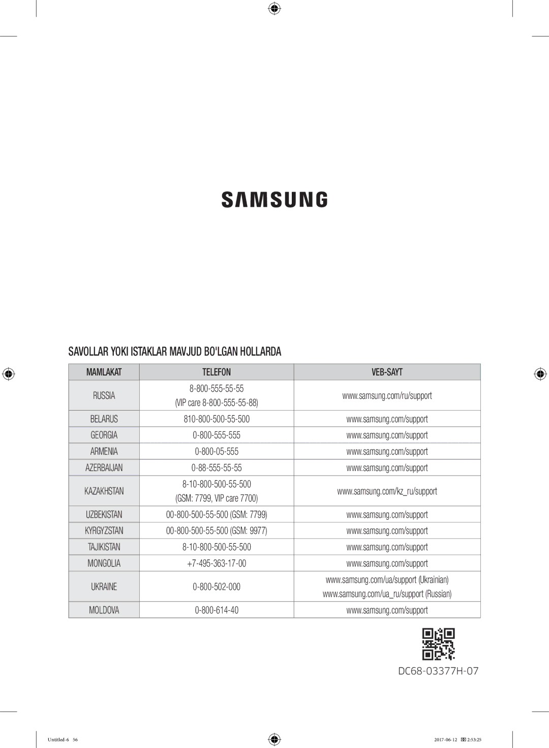 Samsung WW10H9600EW/LP manual Savollar Yoki Istaklar Mavjud Bolgan Hollarda, Mamlakat Telefon VEB-SAYT 