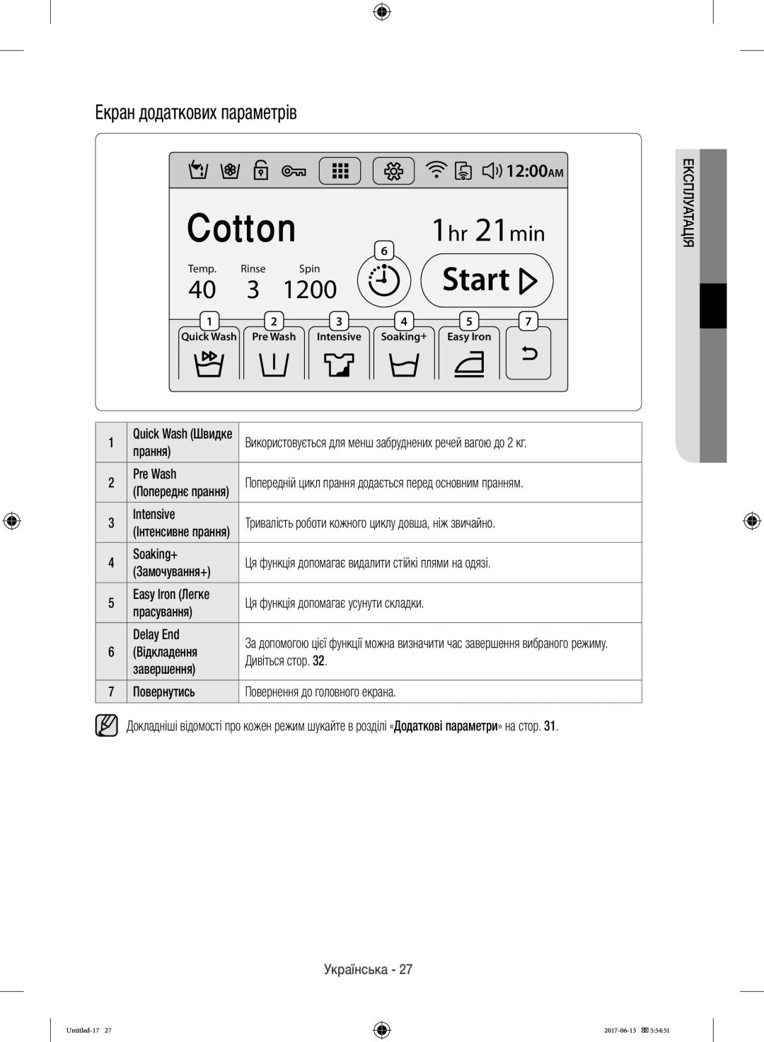 Samsung WW10H9600EW/LP manual 1200, Екран додаткових параметрів 