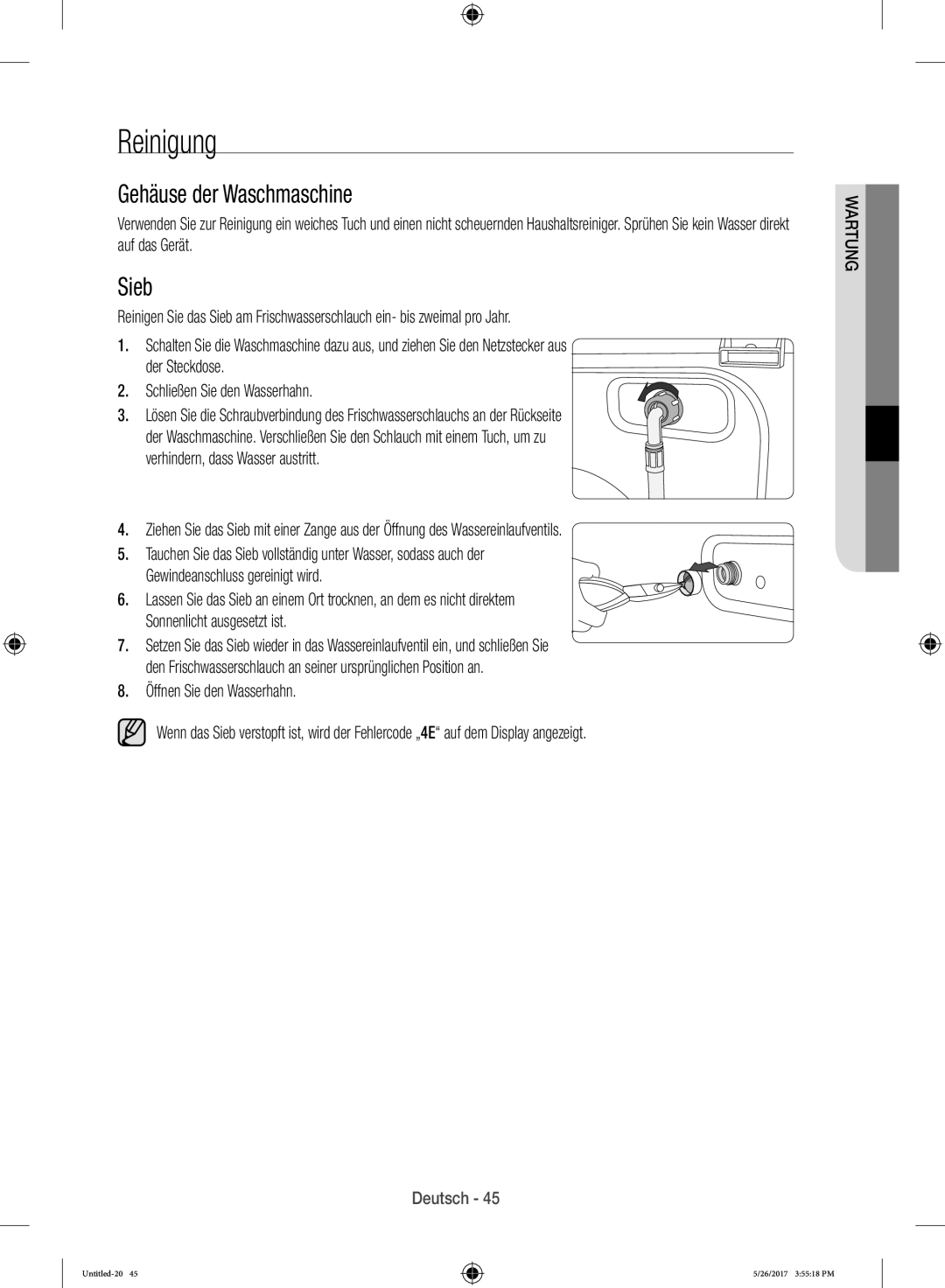 Samsung WW10H9600EW/WS manual Reinigung, Gehäuse der Waschmaschine, Sieb 