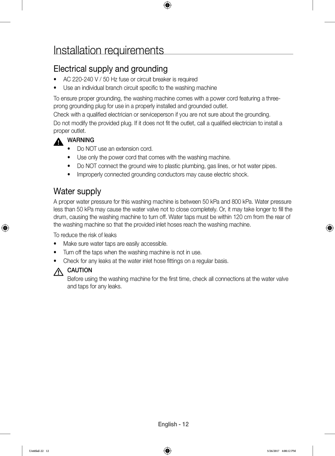 Samsung WW10H9600EW/WS manual Installation requirements, Electrical supply and grounding, Water supply 