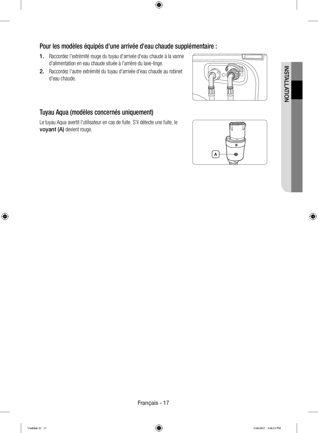 Samsung WW10H9600EW/WS manual Tuyau Aqua modèles concernés uniquement 