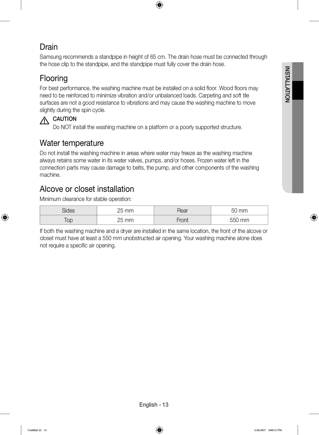 Samsung WW10H9600EW/WS manual Drain, Flooring, Water temperature, Alcove or closet installation, mm Front 