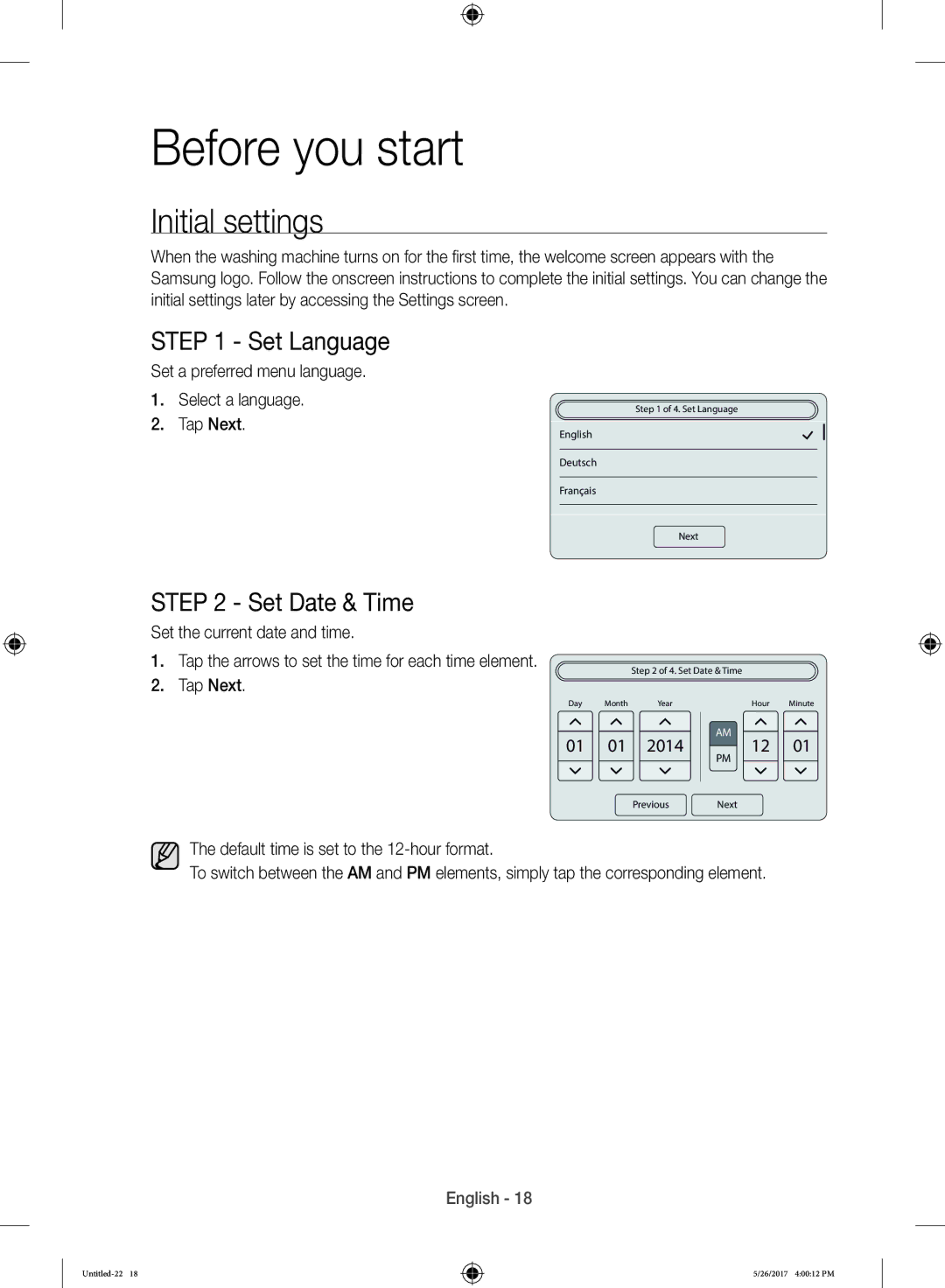 Samsung WW10H9600EW/WS manual Before you start, Initial settings, Set Language, Set Date & Time 