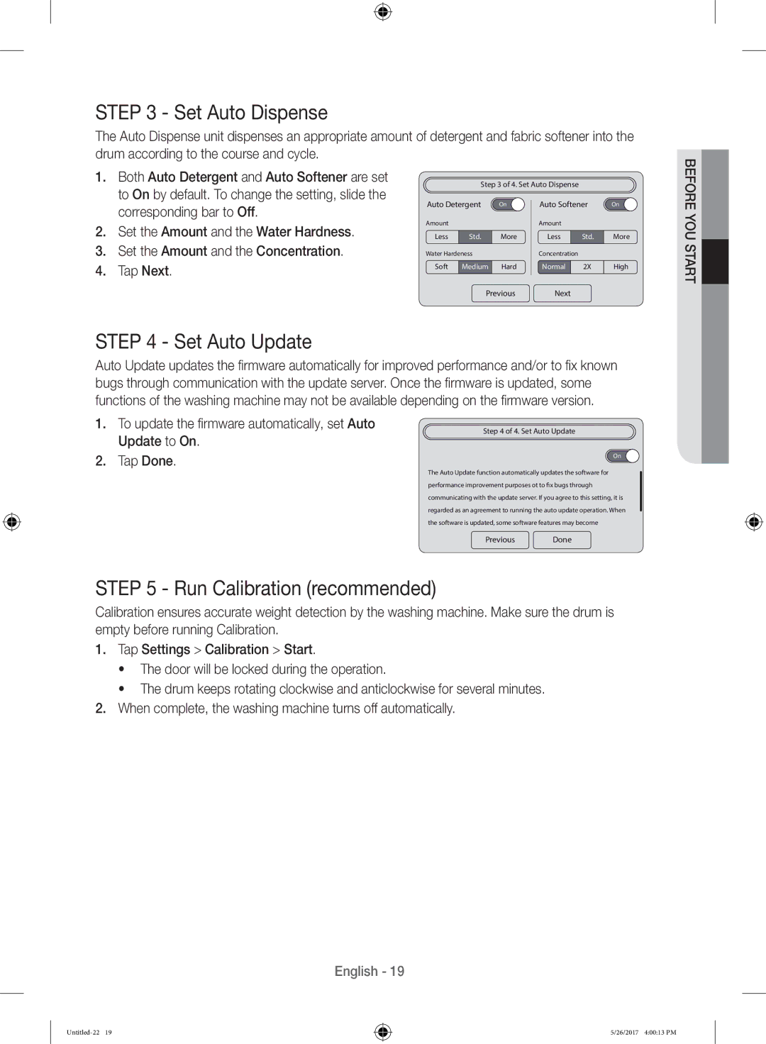 Samsung WW10H9600EW/WS manual Set Auto Dispense, Set Auto Update, Run Calibration recommended 