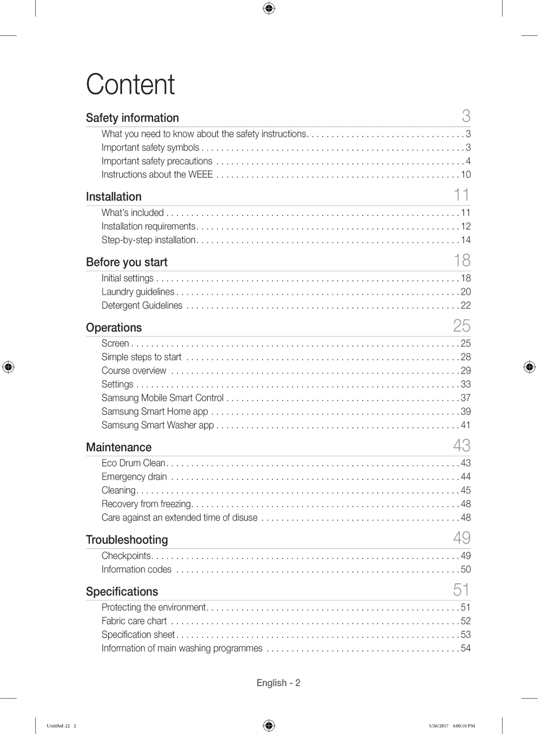 Samsung WW10H9600EW/WS manual Content 