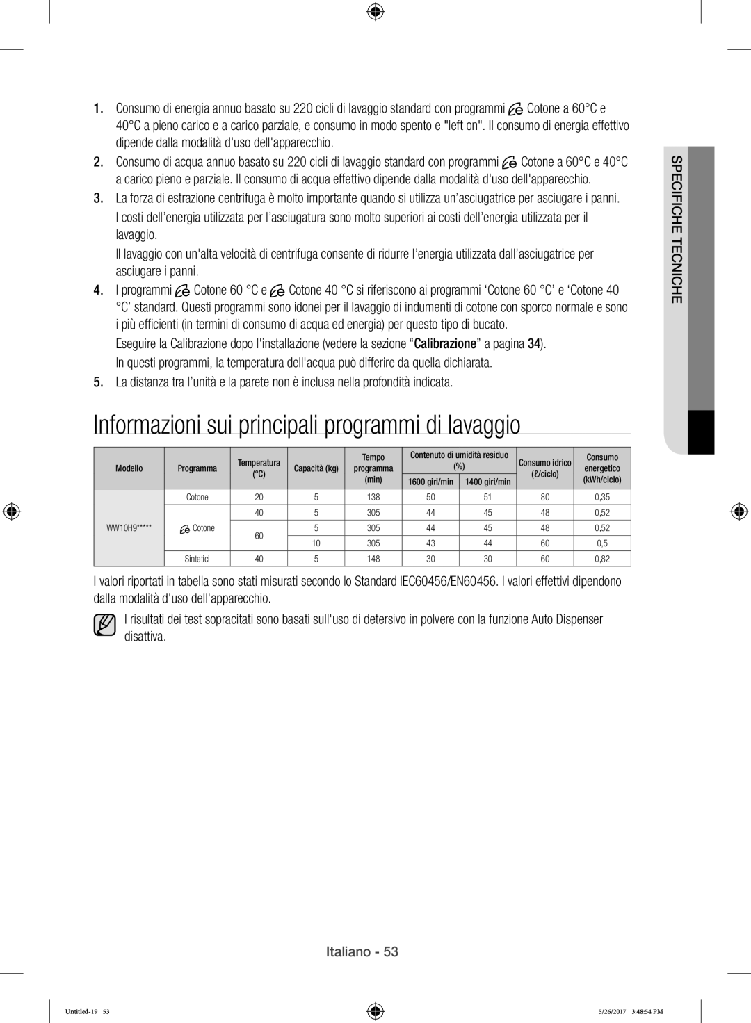 Samsung WW10H9600EW/WS manual Informazioni sui principali programmi di lavaggio 