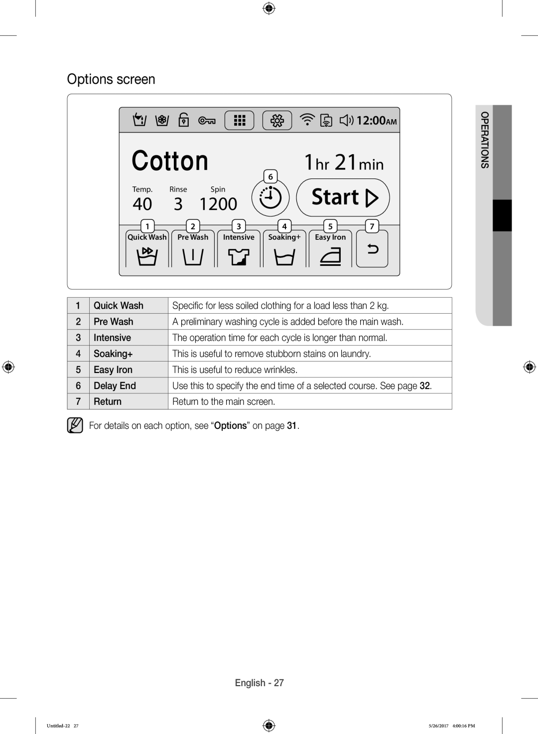 Samsung WW10H9600EW/WS manual Cotton, Options screen 