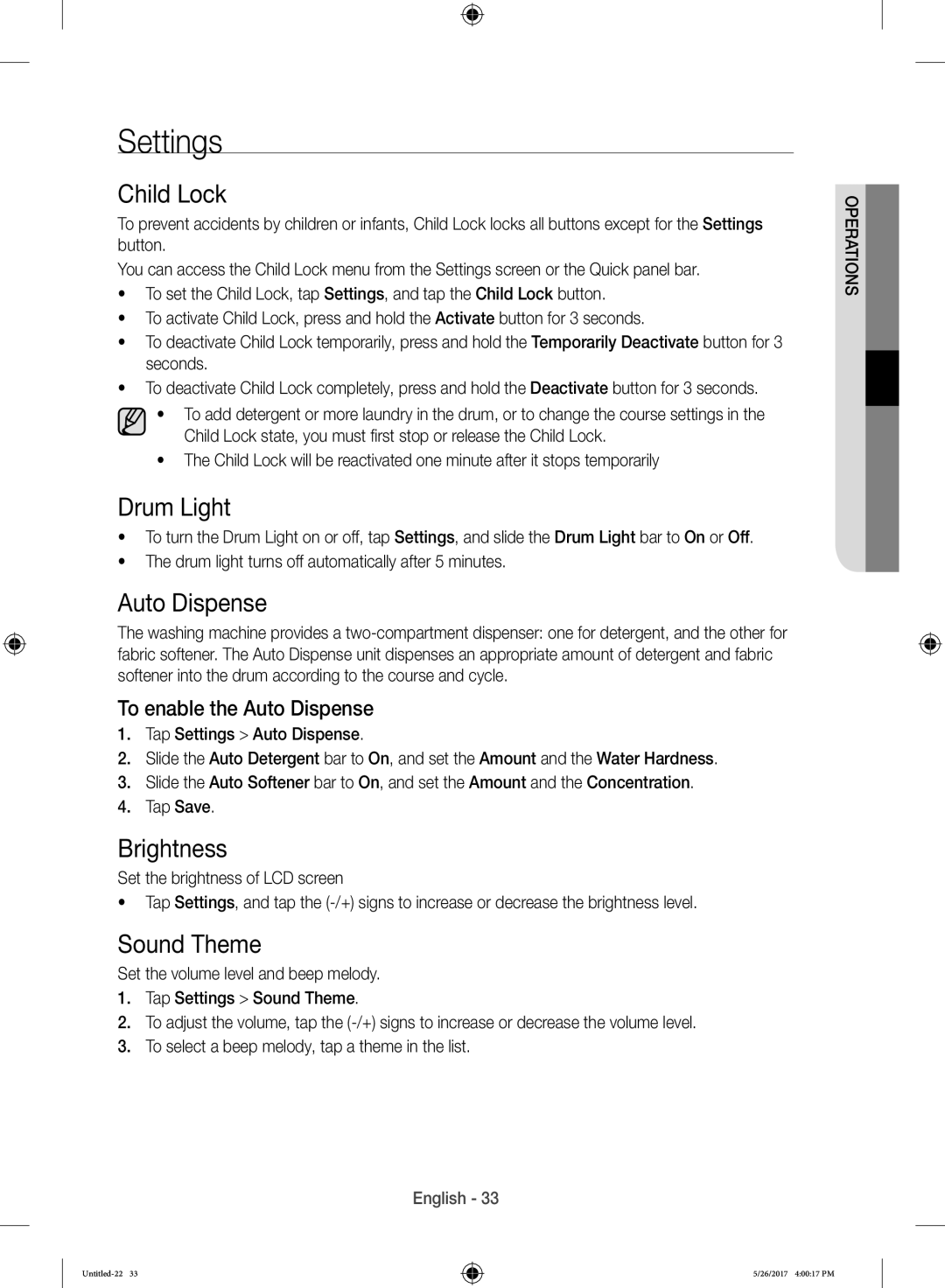 Samsung WW10H9600EW/WS manual Settings, Child Lock, Drum Light, Brightness, Sound Theme 