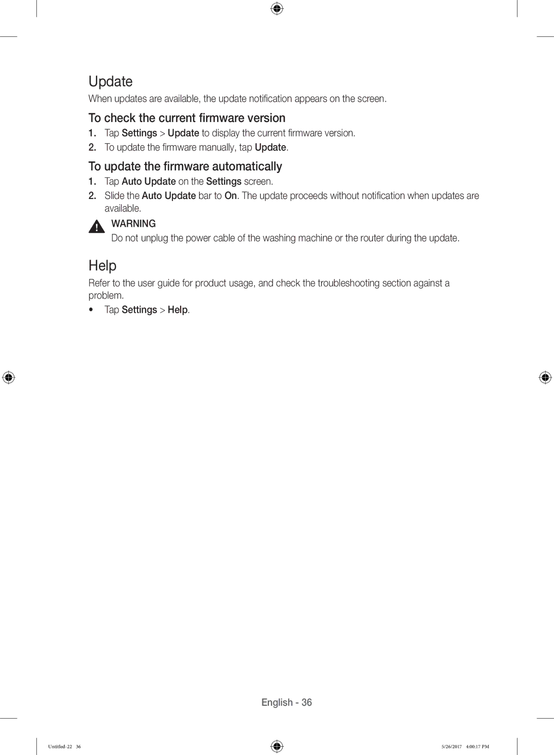 Samsung WW10H9600EW/WS manual Update, Help, To check the current firmware version, To update the firmware automatically 