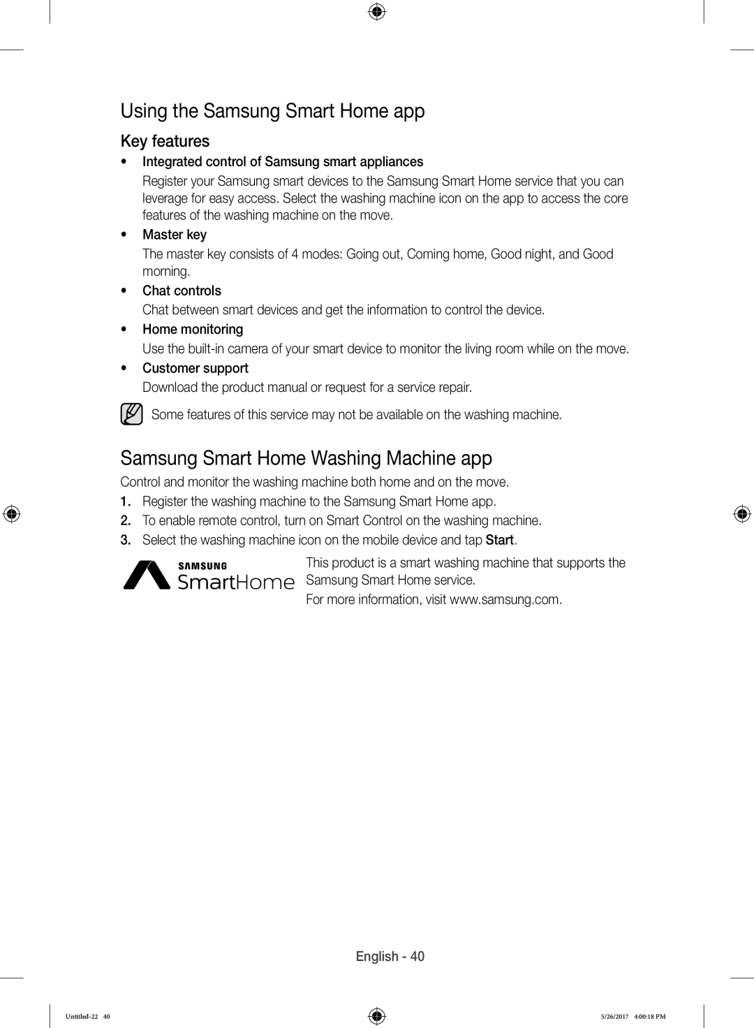 Samsung WW10H9600EW/WS manual Using the Samsung Smart Home app, Samsung Smart Home Washing Machine app, Key features 