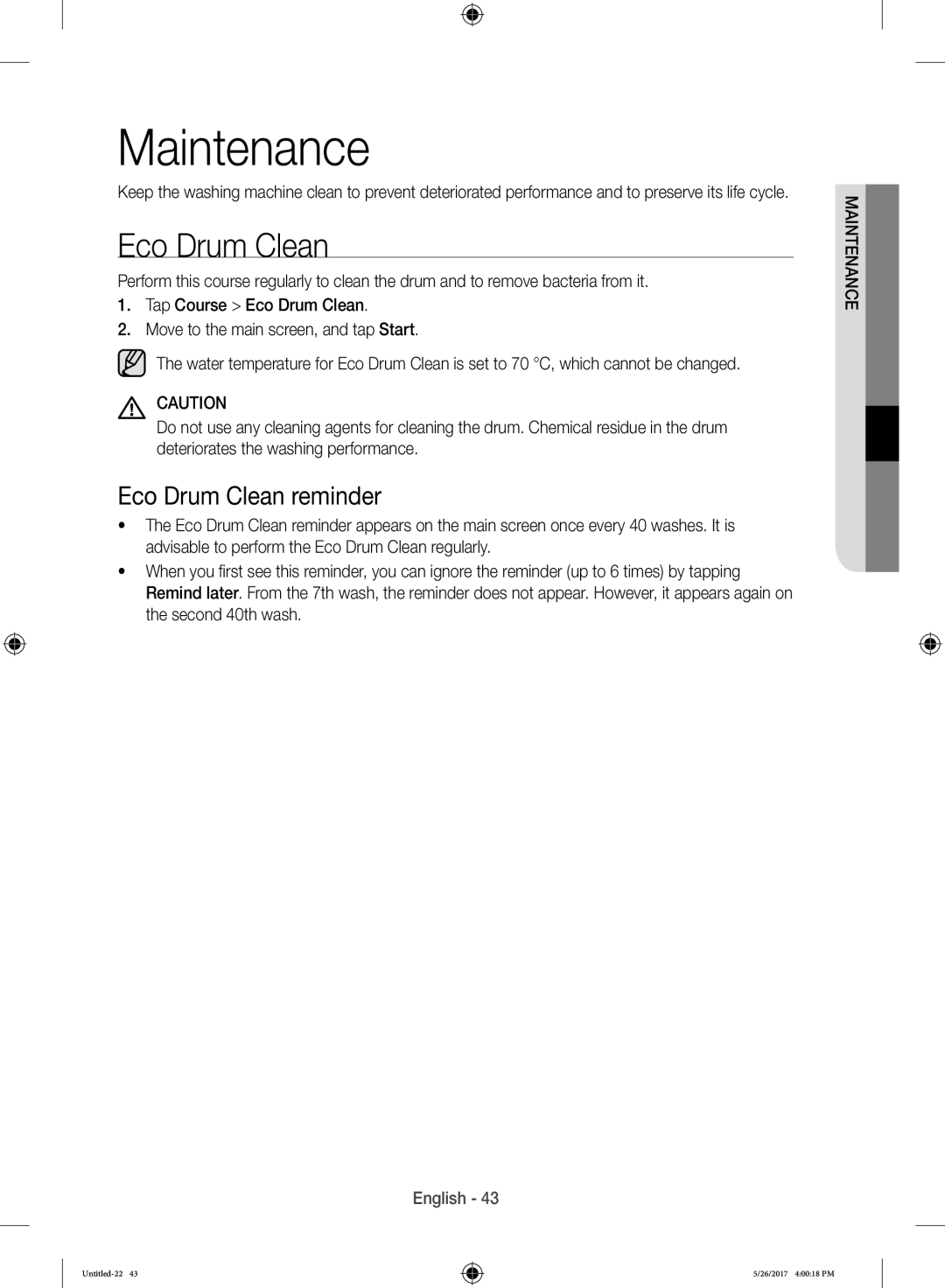 Samsung WW10H9600EW/WS manual Maintenance, Eco Drum Clean reminder 