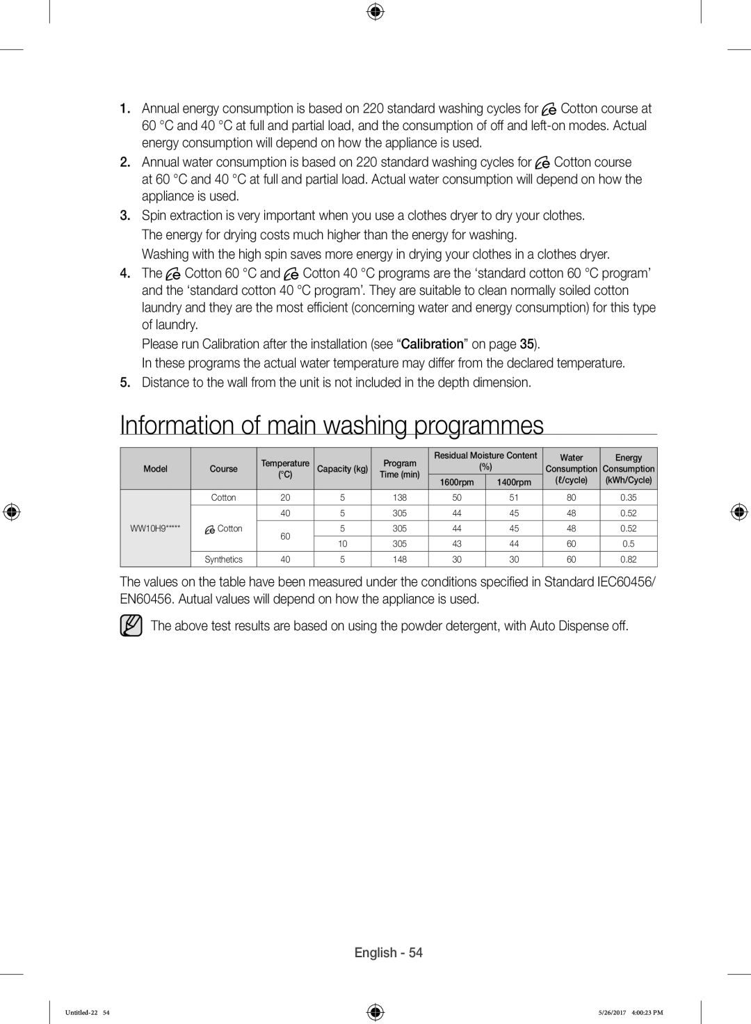 Samsung WW10H9600EW/WS manual Information of main washing programmes 