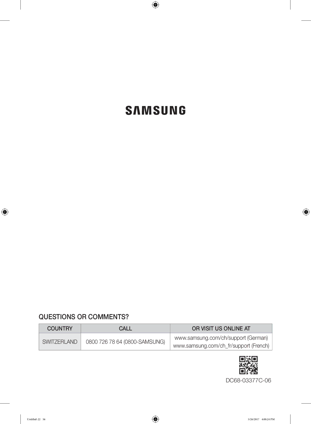 Samsung WW10H9600EW/WS manual Questions or COMMENTS?, DC68-03377C-06 