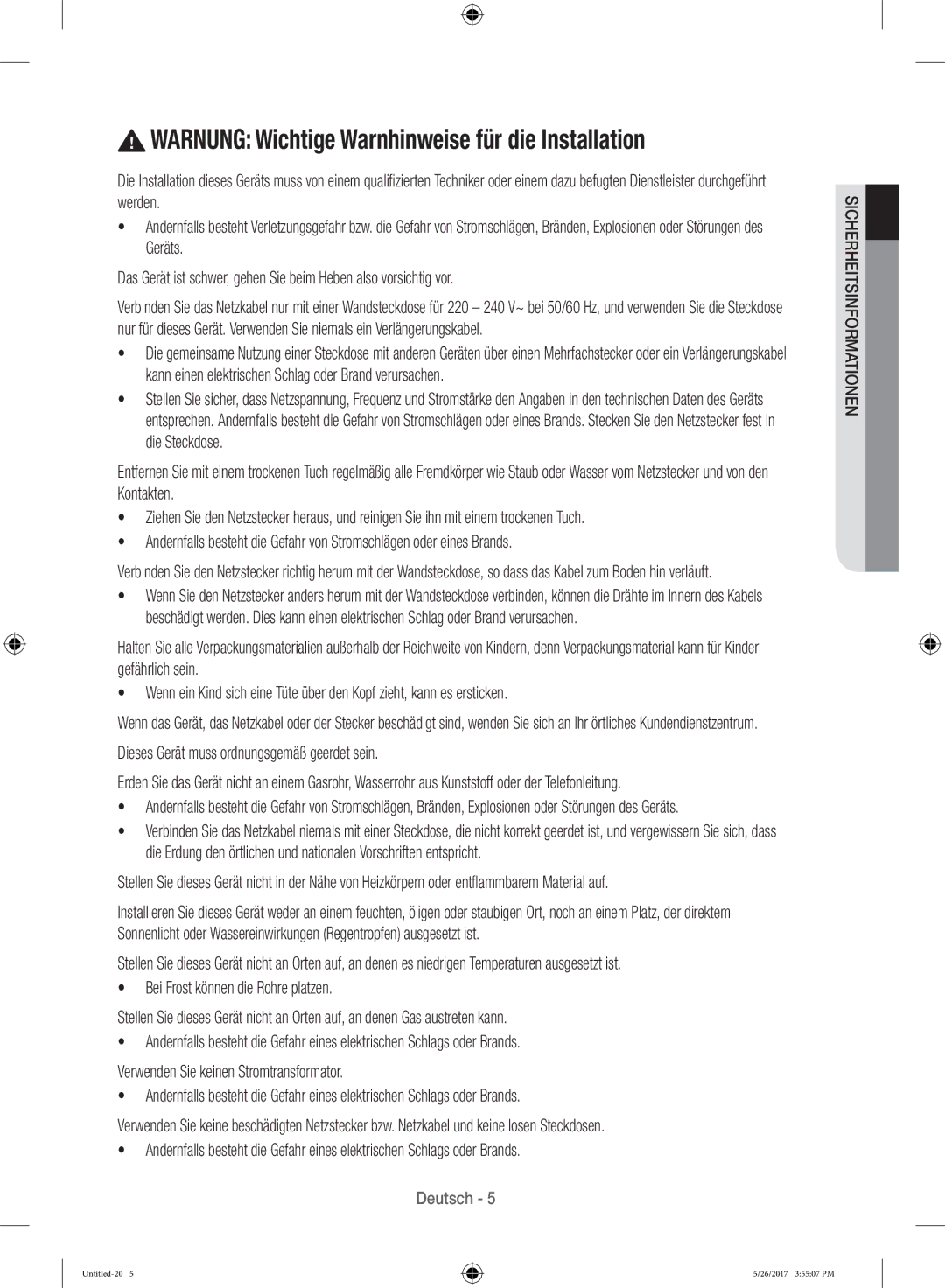 Samsung WW10H9600EW/WS manual Warnung Wichtige Warnhinweise für die Installation 