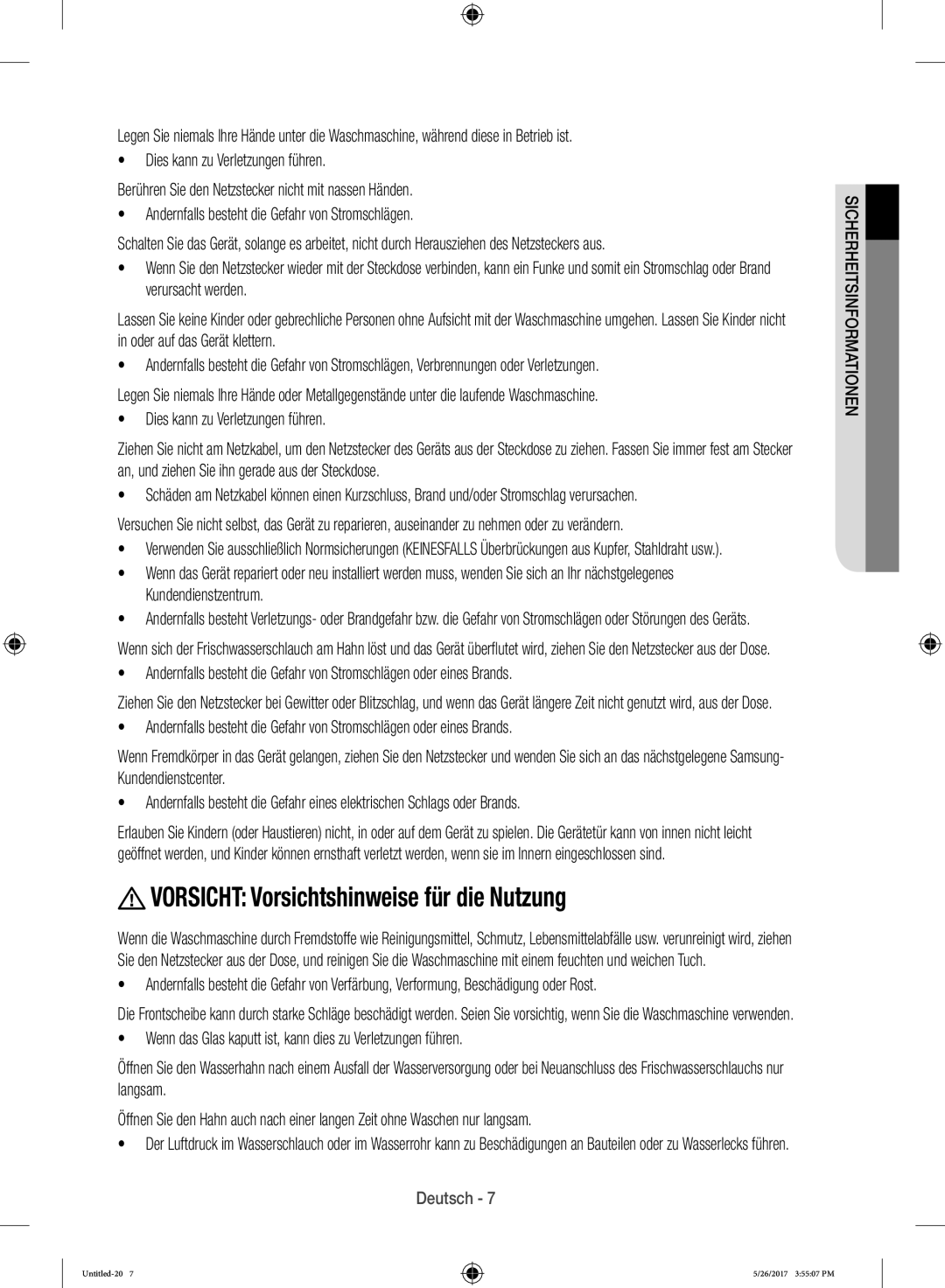 Samsung WW10H9600EW/WS manual Vorsicht Vorsichtshinweise für die Nutzung 