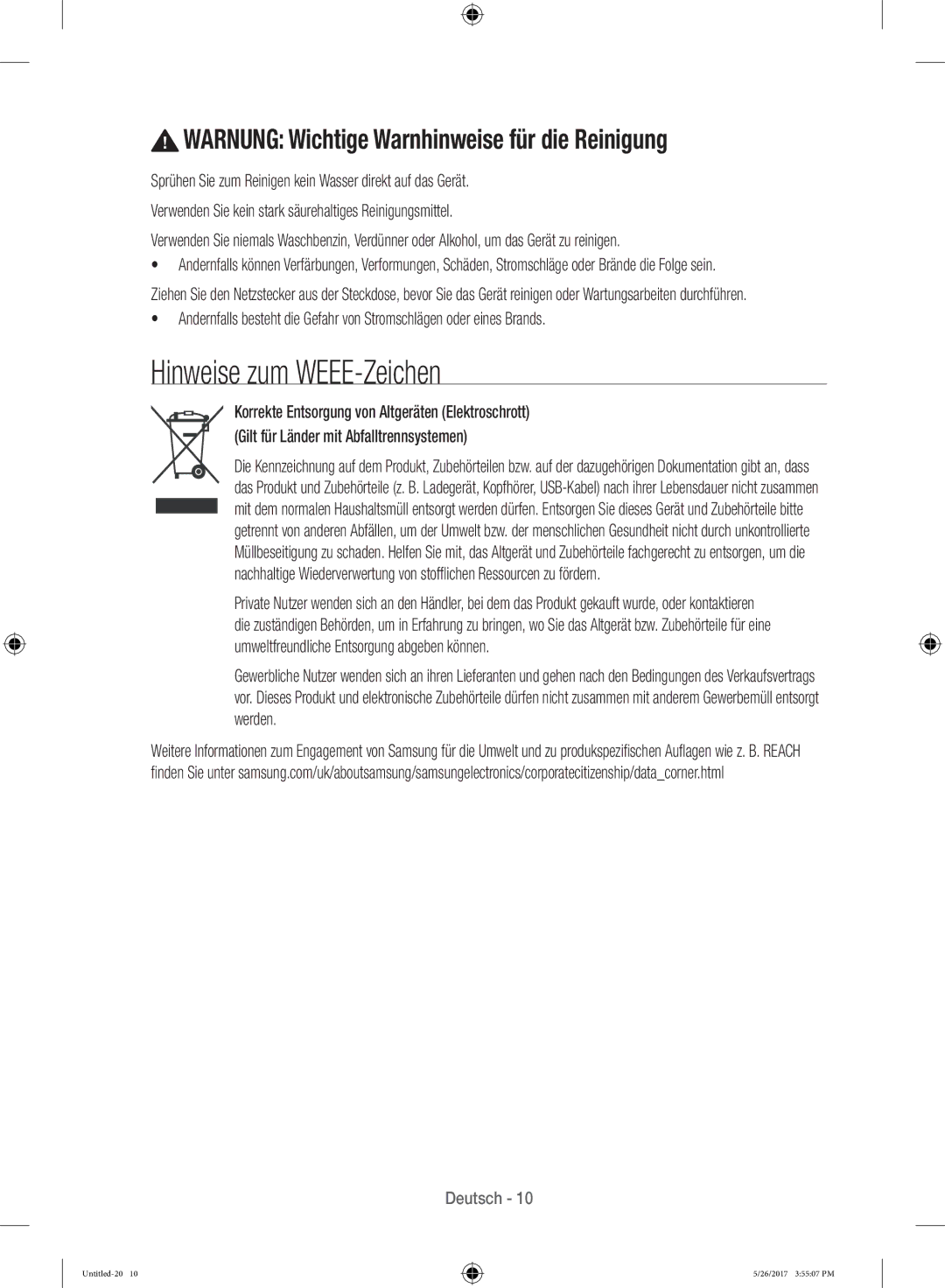 Samsung WW10H9600EW/WS manual Hinweise zum WEEE-Zeichen, Warnung Wichtige Warnhinweise für die Reinigung 