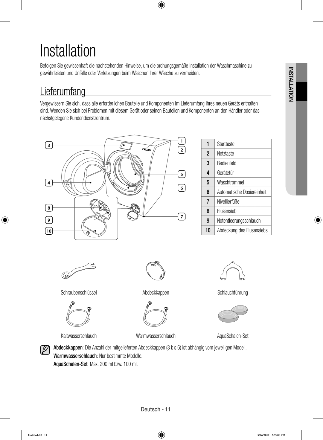 Samsung WW10H9600EW/WS manual Installation, Lieferumfang 