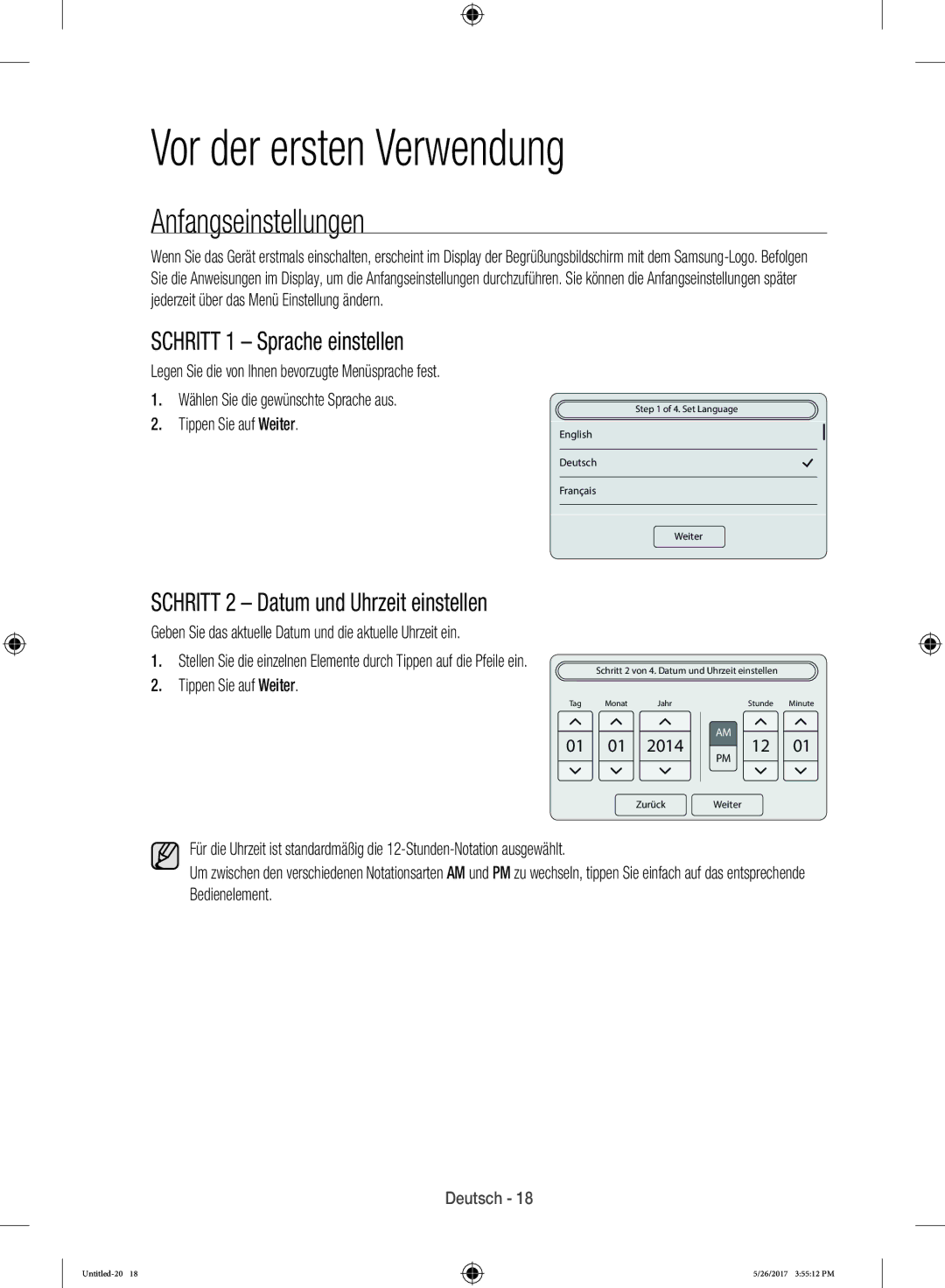 Samsung WW10H9600EW/WS manual Vor der ersten Verwendung, Anfangseinstellungen, Schritt 1 Sprache einstellen, 2014 