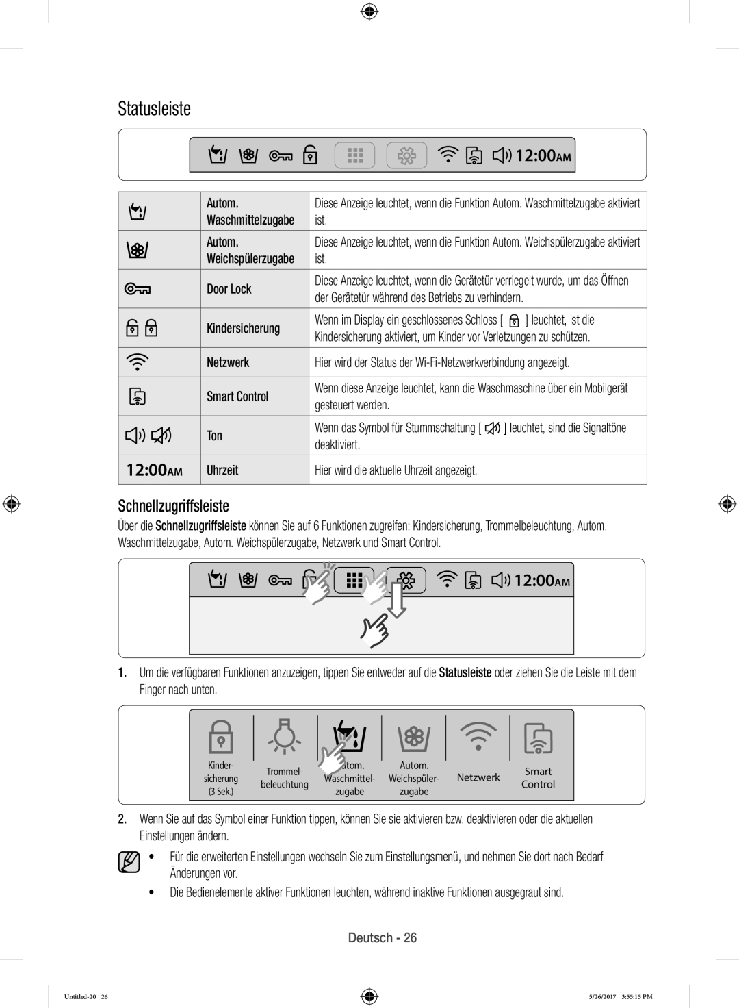 Samsung WW10H9600EW/WS manual Statusleiste, Schnellzugriffsleiste 