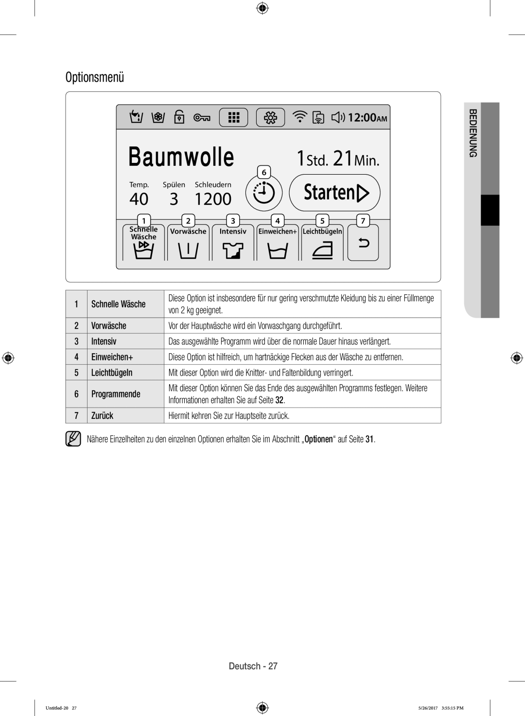 Samsung WW10H9600EW/WS manual Optionsmenü 