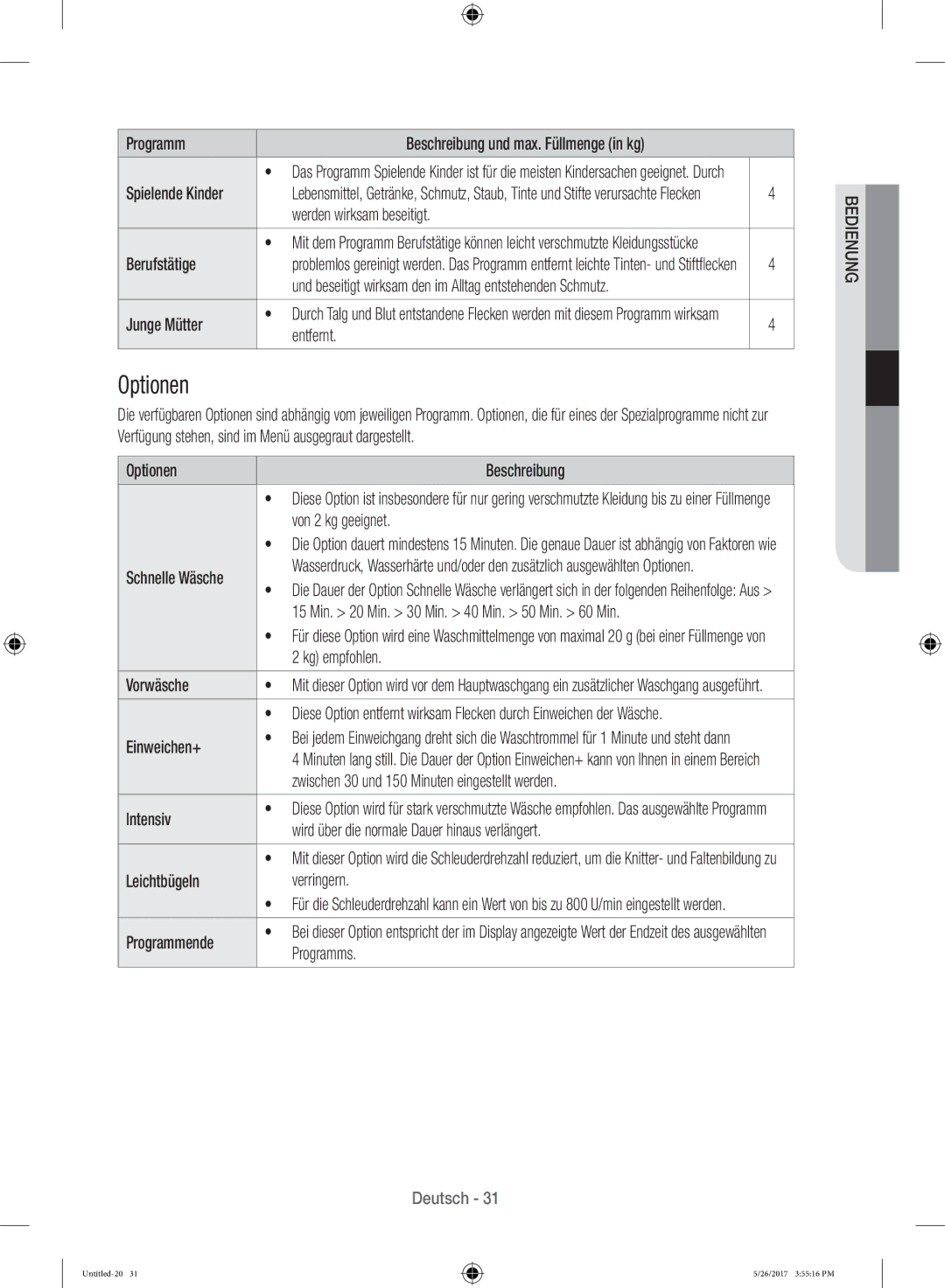 Samsung WW10H9600EW/WS manual Optionen 